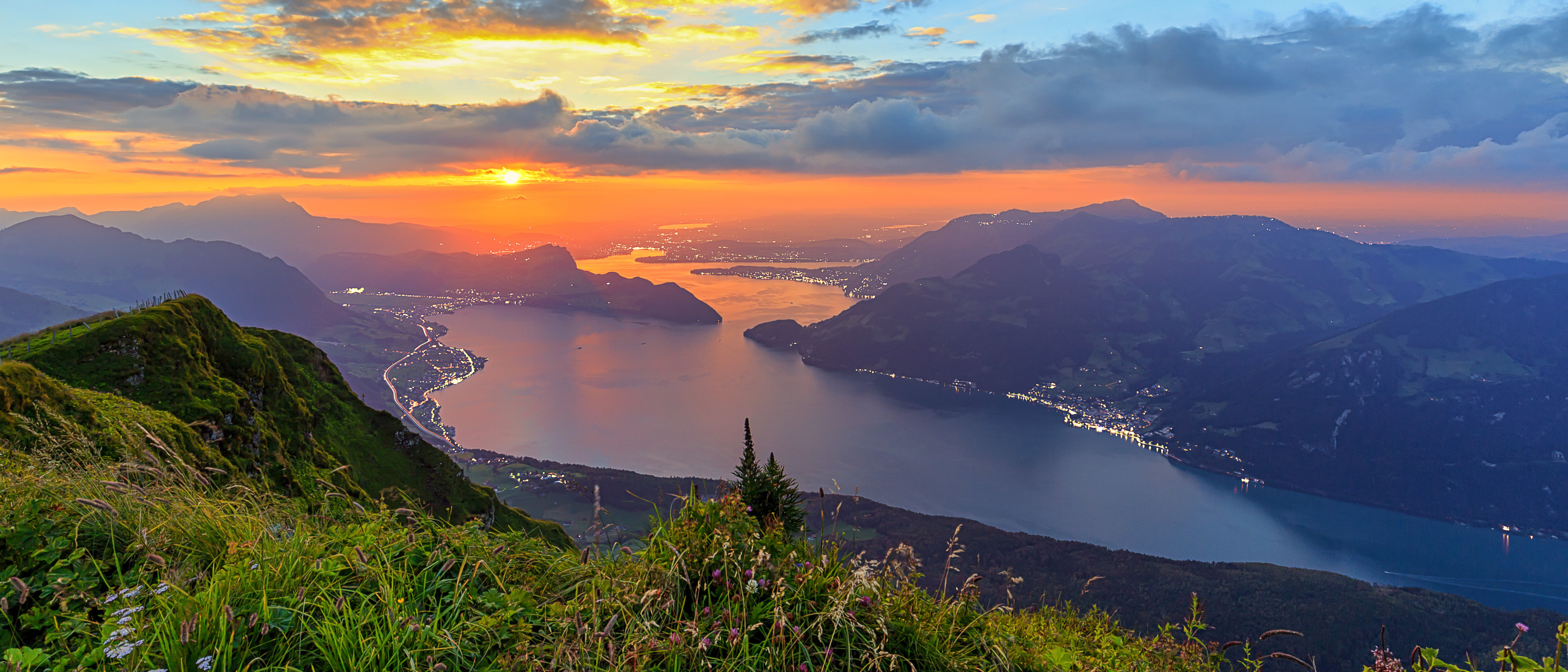 mountain, nature, Switzerland, landscape, afterglow, idsland, 4K, hiking, explored, sunset, scenics, travel, summer, Lake Lucerne, Vierwaldstättersee, HD Wallpaper