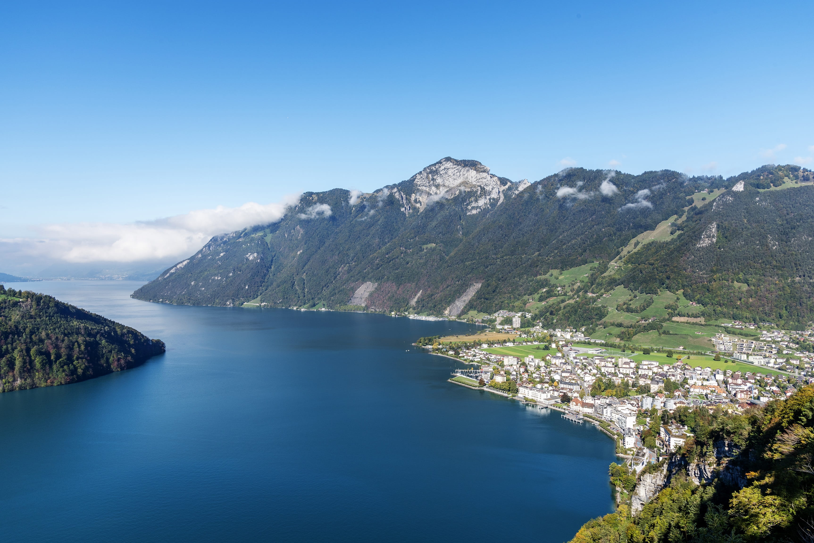 land, non-urban scene, ingenbohl, water, scenics - nature, day, lake lucerne region, waterfront, 2K, fountain, mountain range, tranquility, outdoors, no people, HD Wallpaper