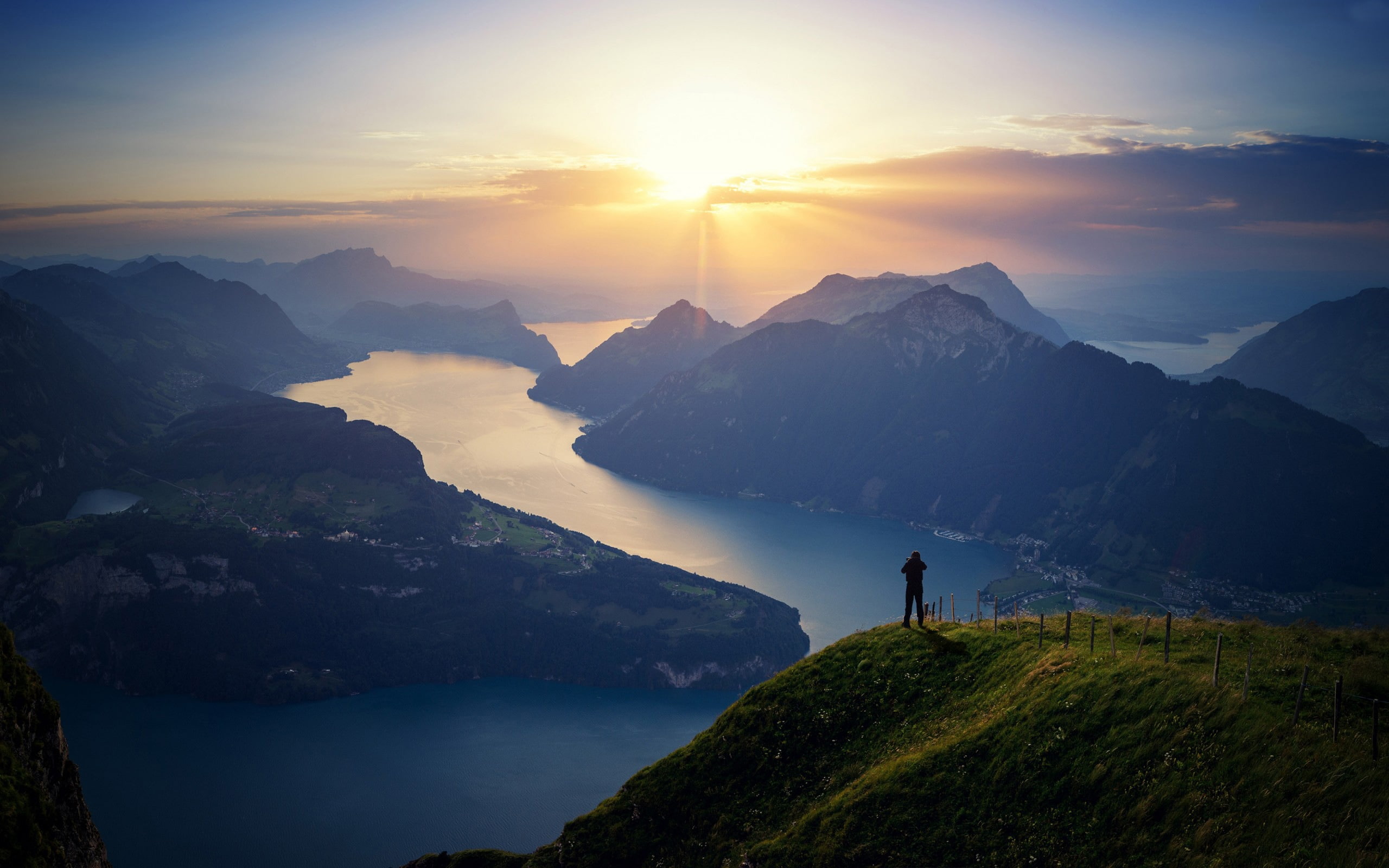 lifestyles, non-urban scene, 2K, idyllic, one person, cloud - sky, outdoors, hd, standing, sky, tranquil scene, switzerland, sun, nature, water, HD Wallpaper