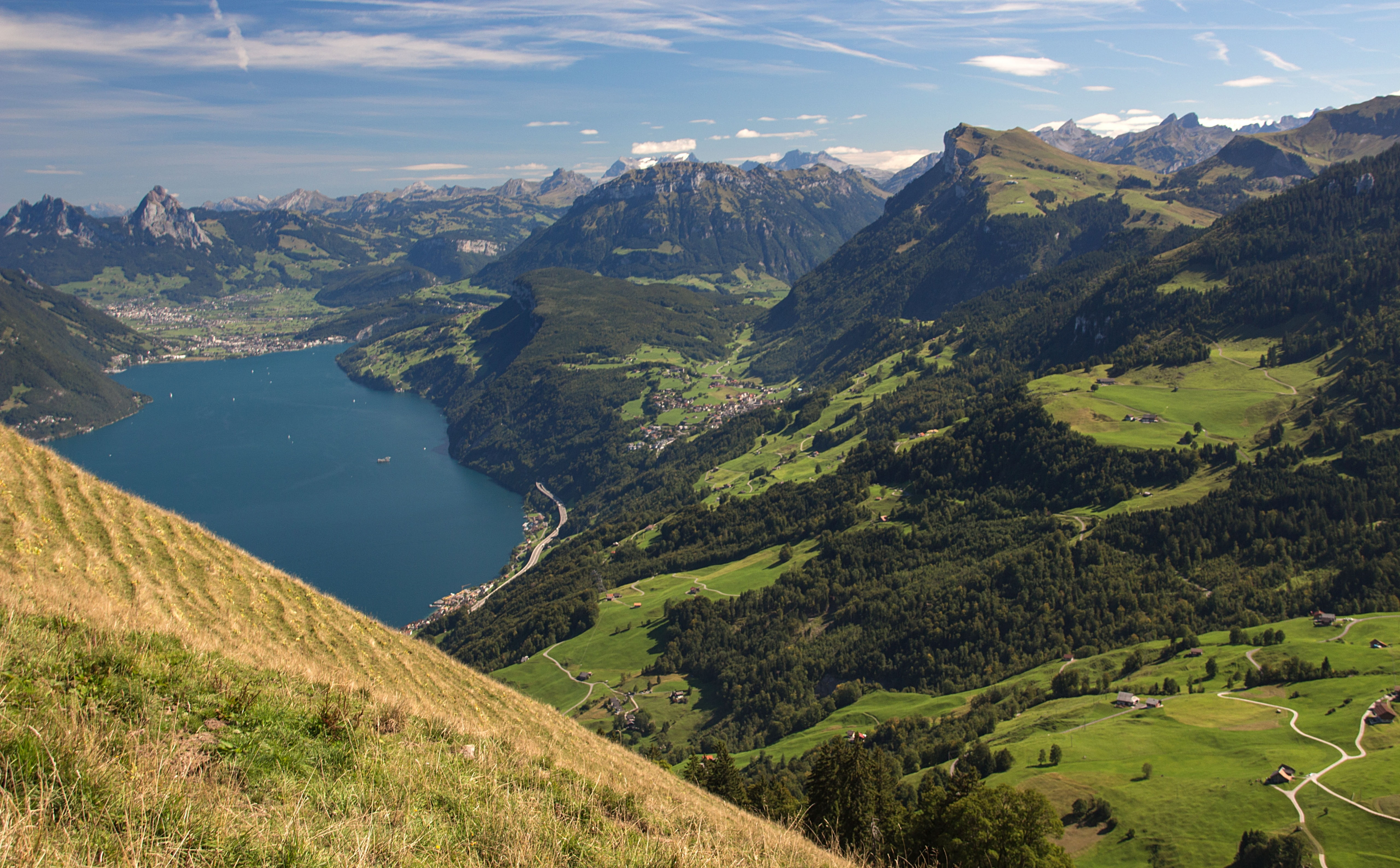 lake, scenics - nature, sky, idyllic, beauty in nature, mountain range, landscape, green color, outdoors, high angle view, tranquil scene, Switzerland, HD Wallpaper
