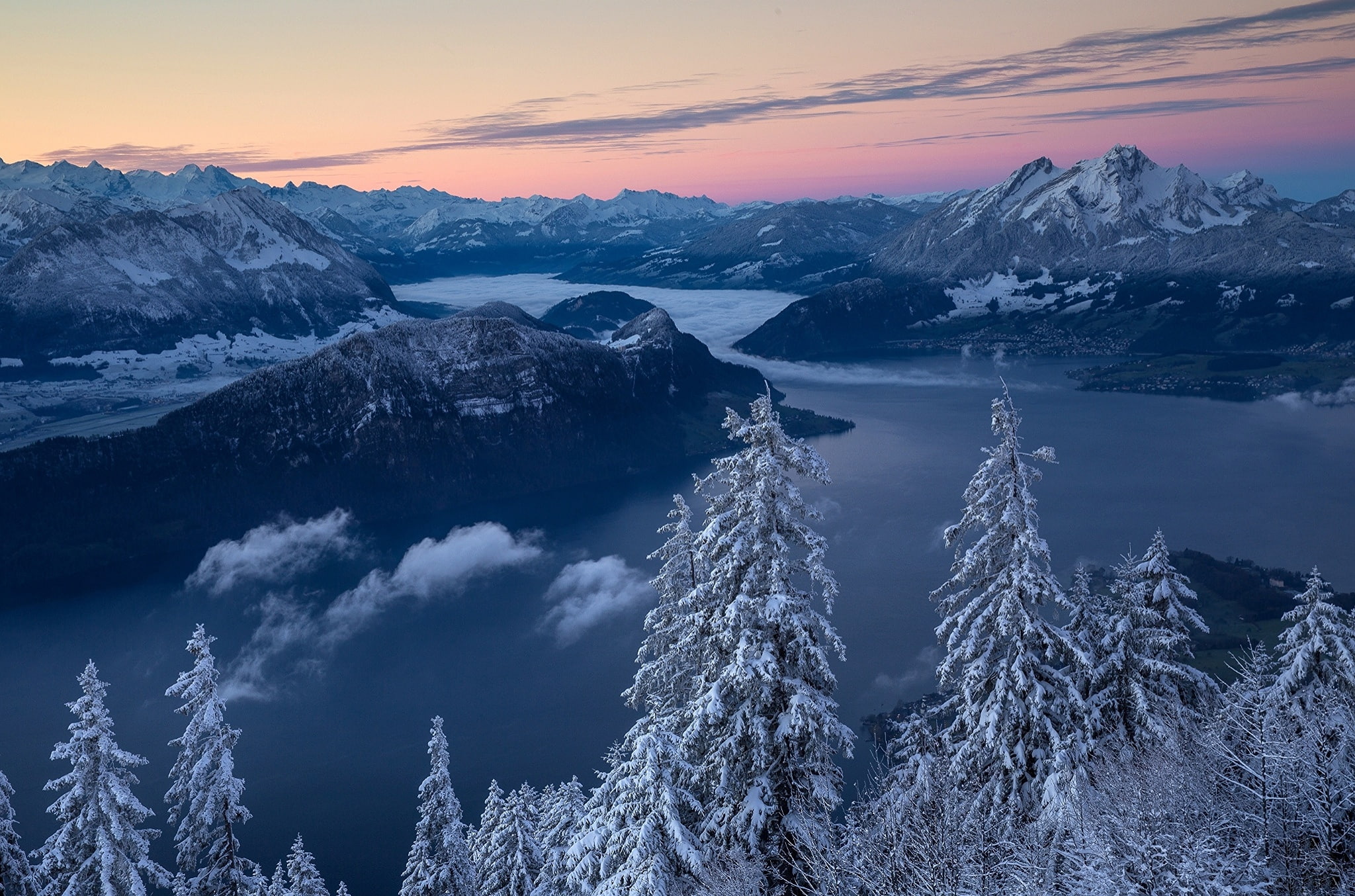 mountains, panorama, winter, Mount Rigi, morning, sunrise, ate, trees, Switzerland, Lake Lucerne, lake, 1080P, dawn, Central Switzerland, Alps, HD Wallpaper
