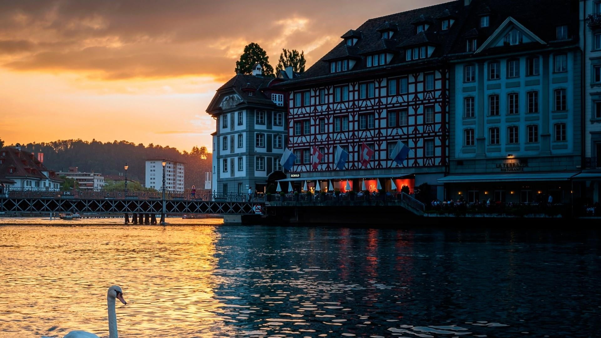 no people, built structure, 1080P, nature, travel destinations, transportation, evening, europe, cloud - sky, lake lucerne, river, dusk, waterfront, lucerne, HD Wallpaper