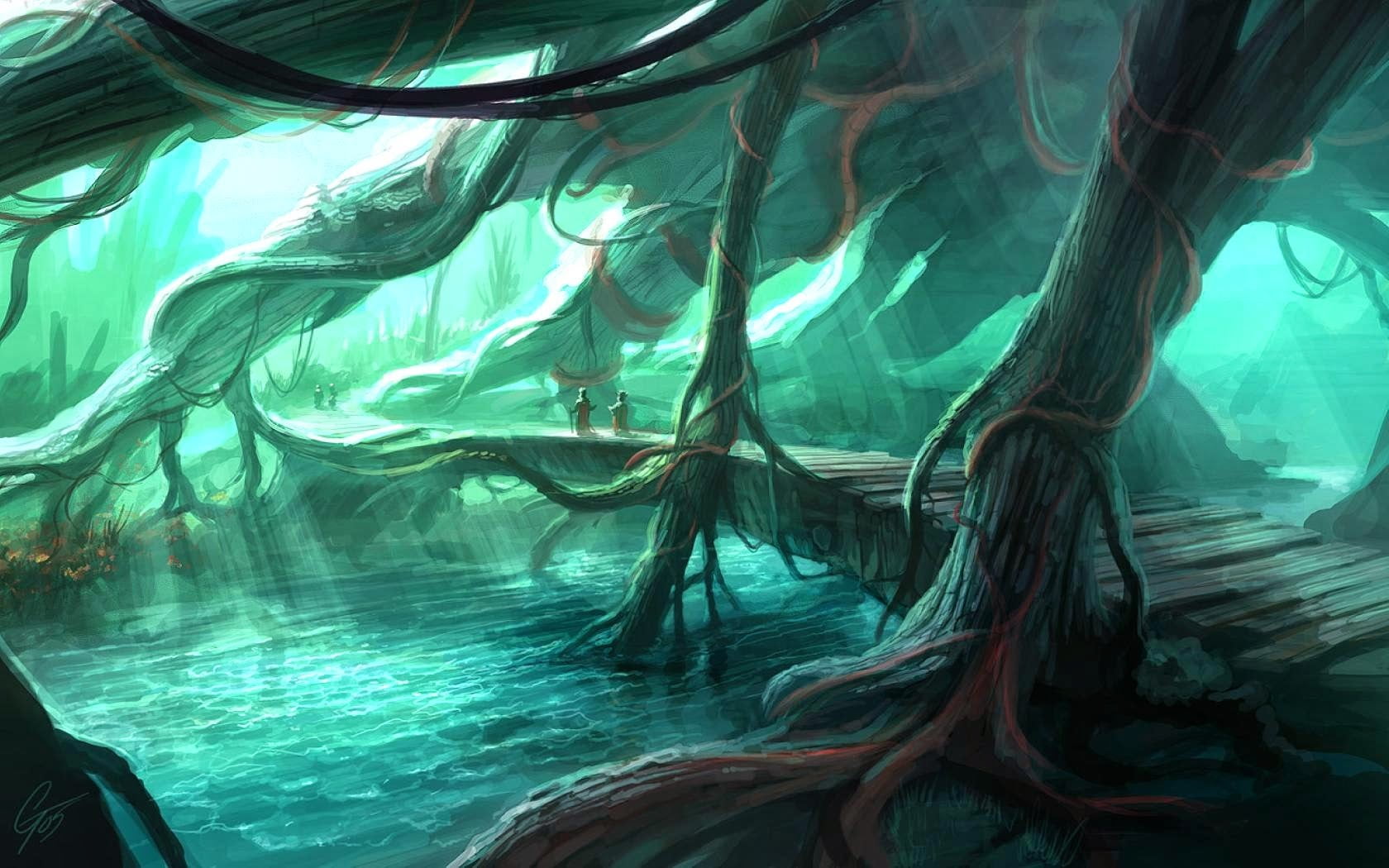 digital art, turquoise colored, green color, scenics - nature, day, indoors, no people, root, beauty in nature, flowing water, close-up, fantasy art, full frame, HD Wallpaper
