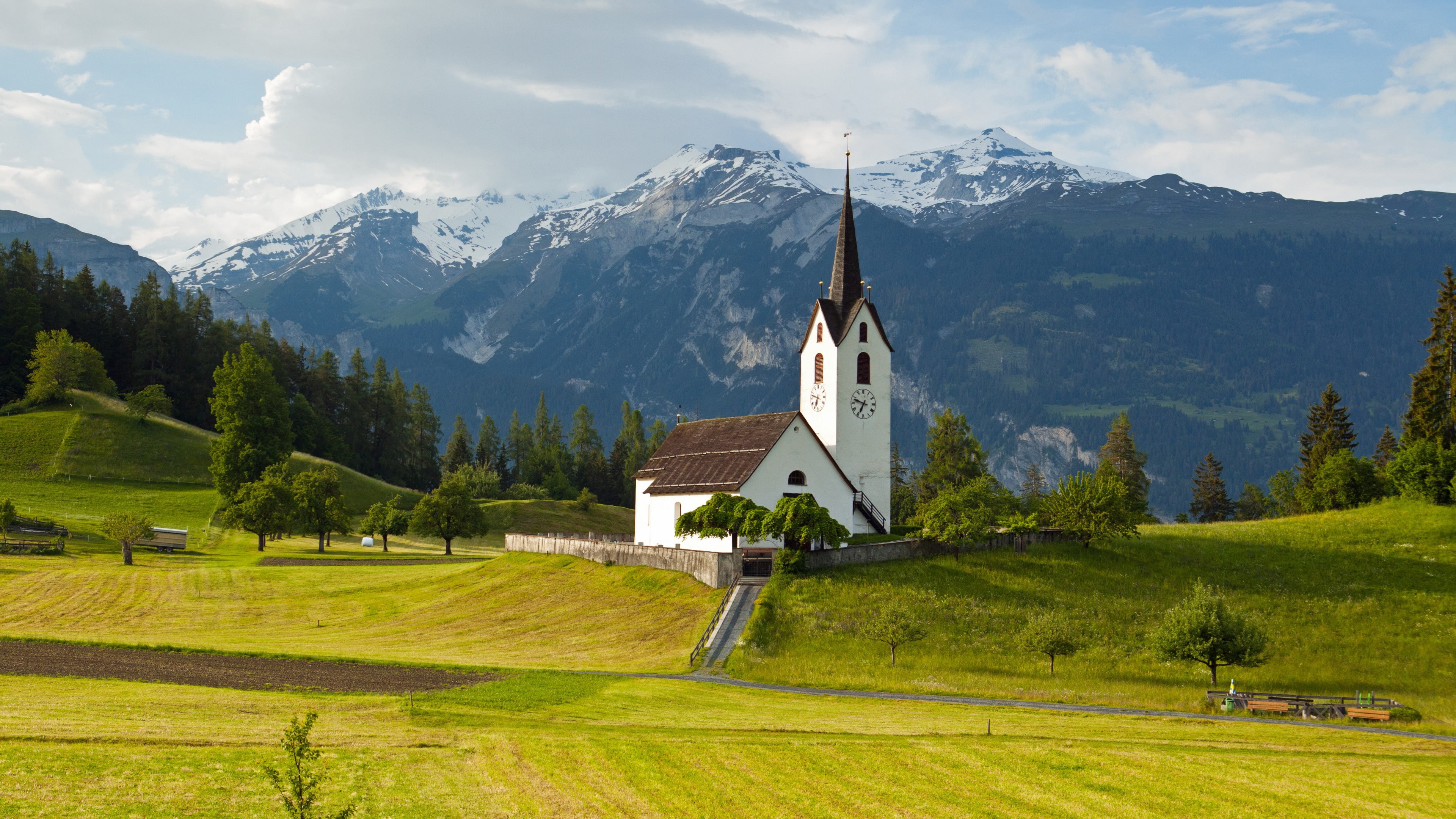graubunden, valley, versam, switzerland, sky, europe, mountain village, versam kirche, alps, church, meadow, versam church, countryside, highland, 4K, HD Wallpaper
