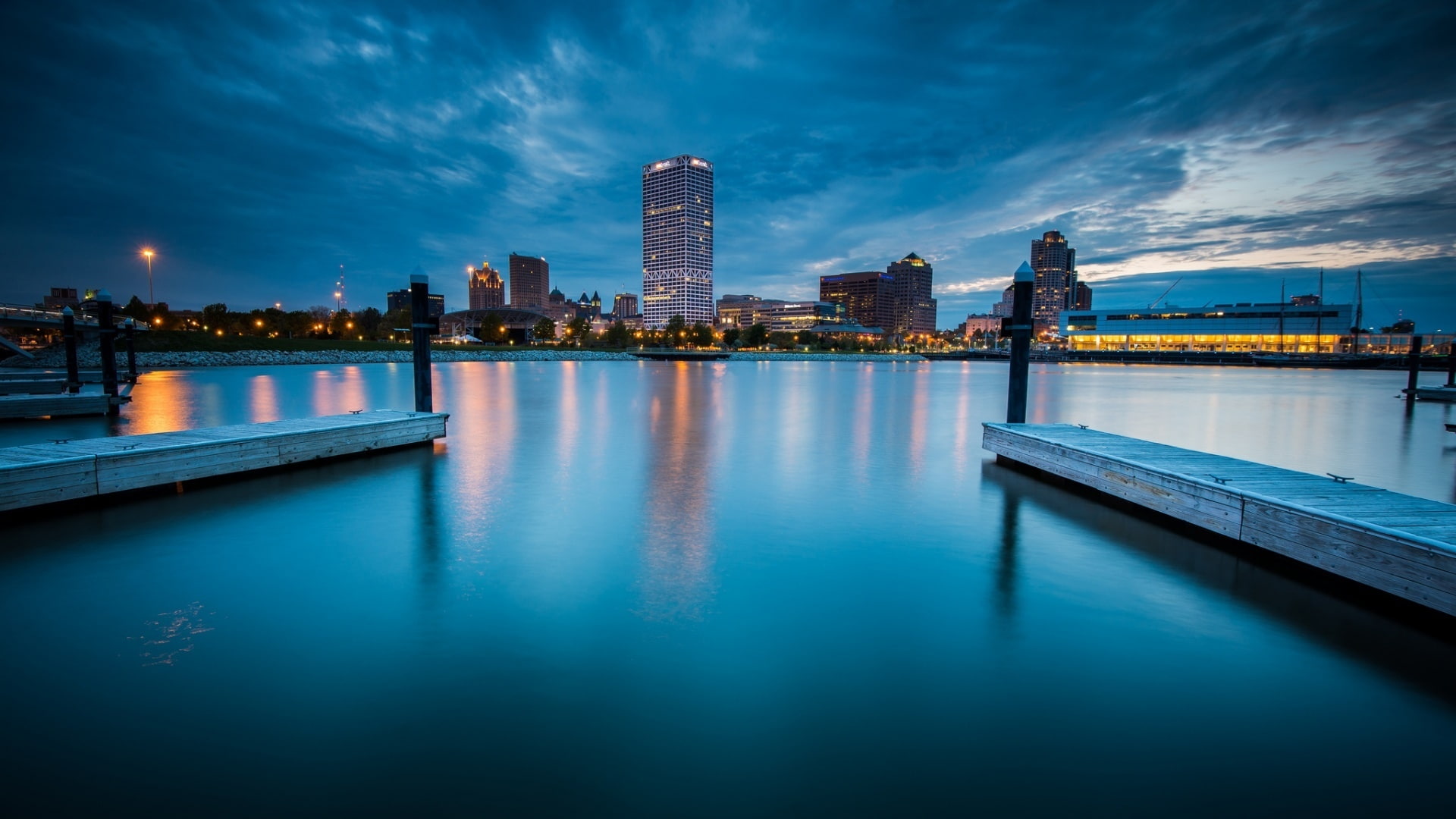 Milwaukee, 1080P, cityscape, Wisconsin, evening, water, sky, HD Wallpaper