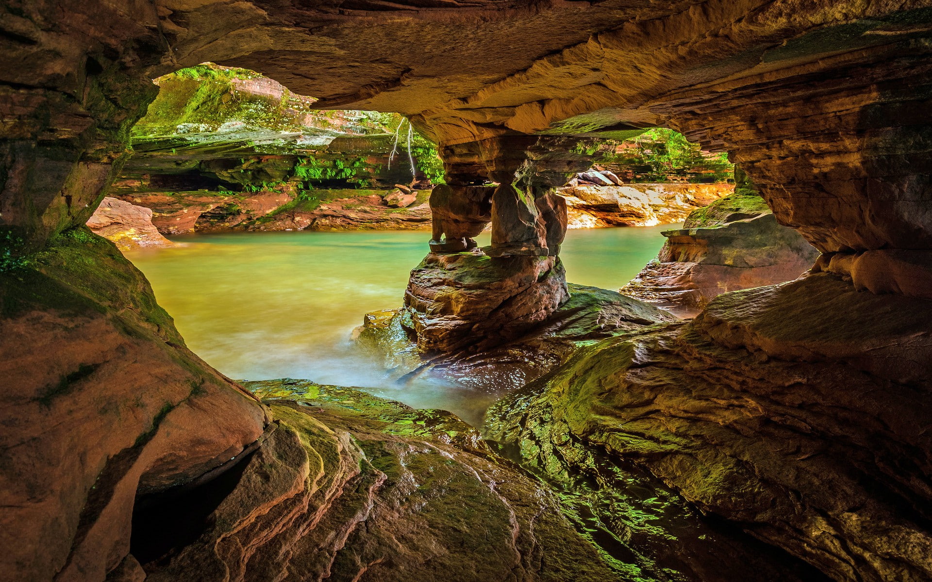lake, USA, Wisconsin, moss, cave, wet, rock, water, 1080P, nature, landscape, long exposure, HD Wallpaper