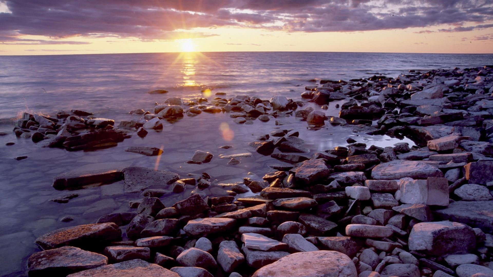 wisconsin, rocks, 1080P, lake, shore, sunrise, bay, nature and landscapes, ellison, HD Wallpaper