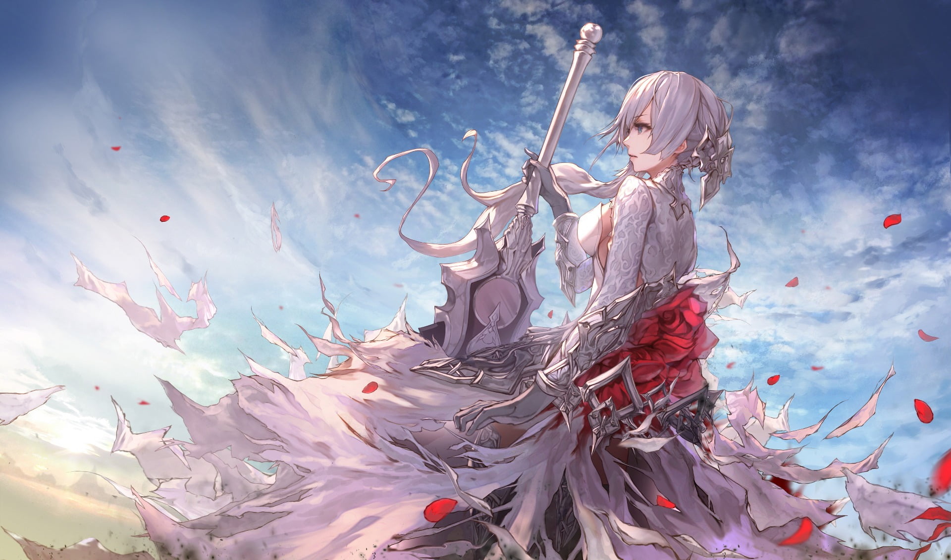 women, sword, hair, young women, 1080P, white hair, young adult, Snow White, one person, artwork, holding, anime, motion, digital composite, traditional clothing, HD Wallpaper