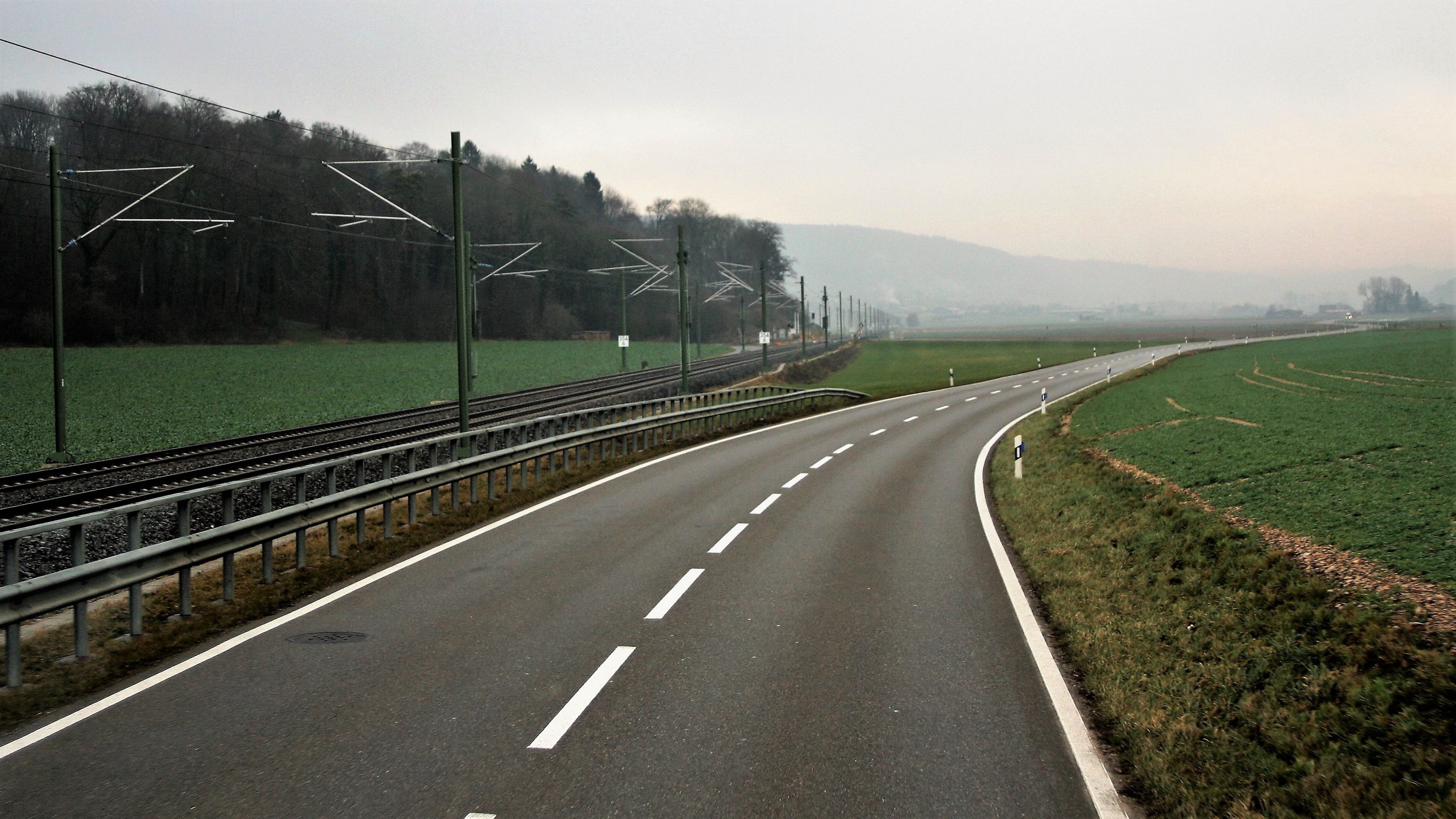 morning, way, quiet, architecture, pull station, highway, scenics - nature, scenery, field, no one, view, asphalt, sign, bend, the fog, horizontal, land, HD Wallpaper
