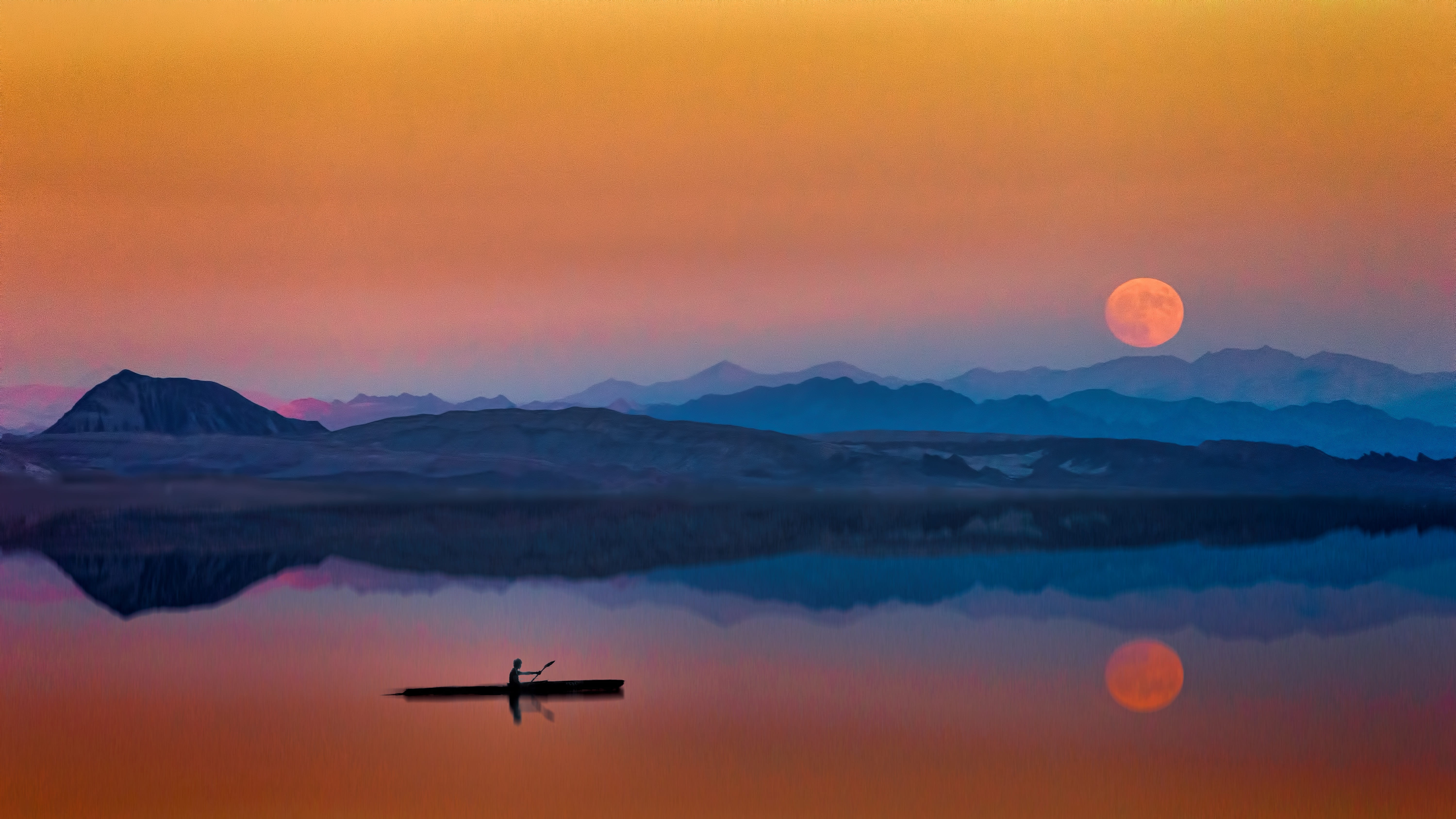 reflection, romantic mood, romantic, mood, dusk, 5K, sunset, lake, no people, dramatic sky, water, mountain range, orange, mountains, full moon, silhouette, HD Wallpaper