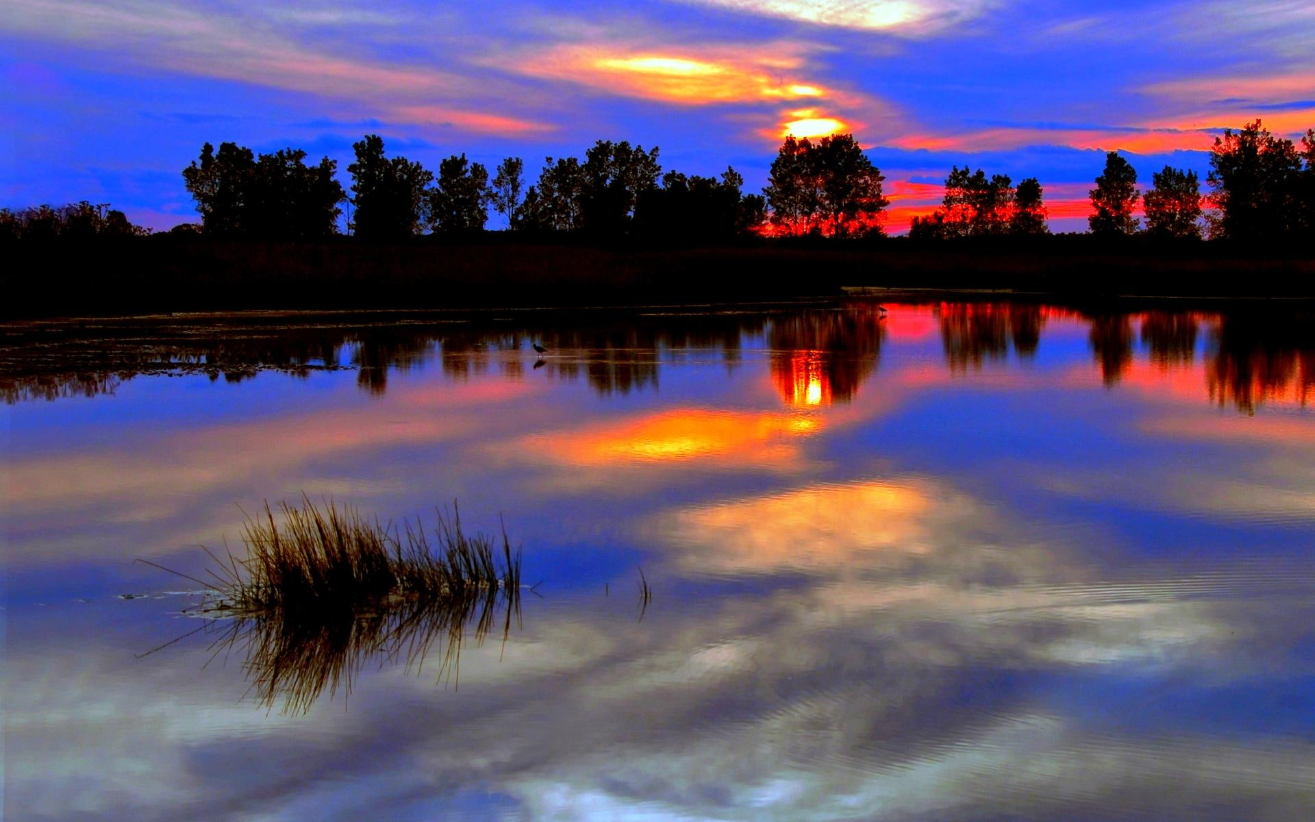 sunset, natur, bright, scene, 1080P, twilight, quiet, blue, trees, river, reflection, the evening, clouds, HD Wallpaper