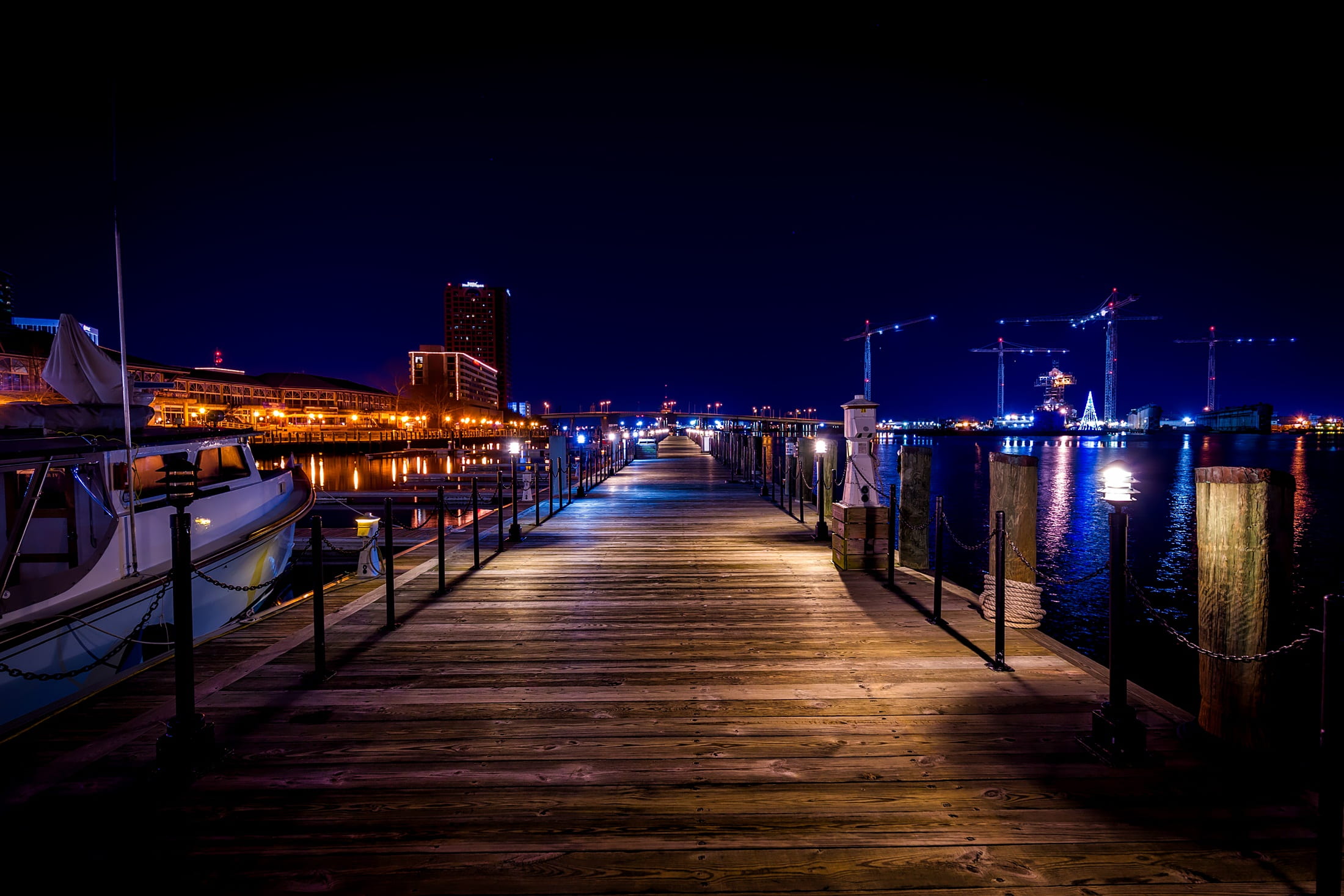 bridge, harbour, harbor, footpath, sea, city, illuminated, river, sailboat, light, dock, sunset, architecture, nature, marina, street, beautiful, connection, HD Wallpaper