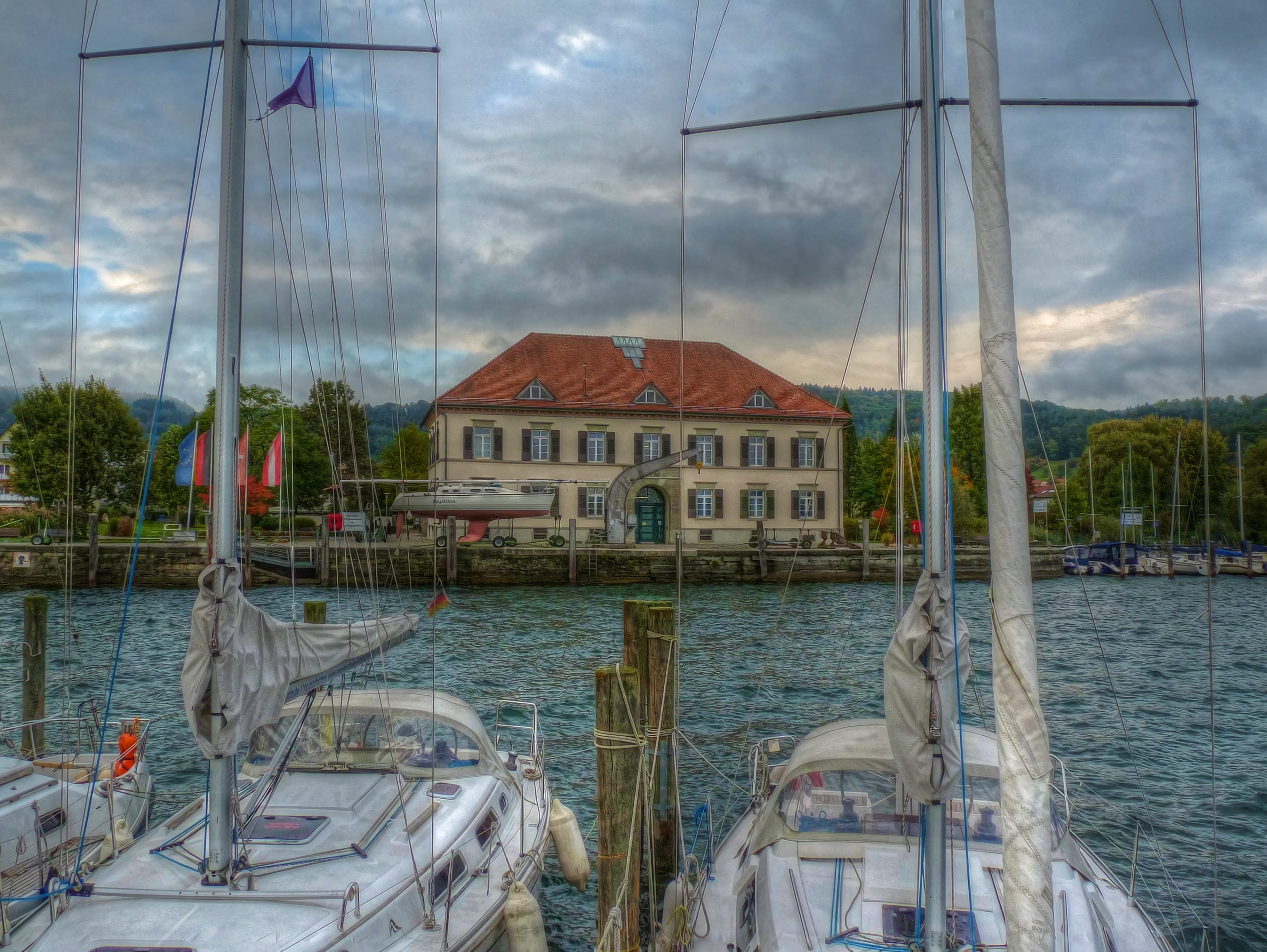 water, nature, outdoors, travel, cloud, transportation, no people, day, sea, quiet, building exterior, sailboat, pier, lake constance, built structure, HD Wallpaper