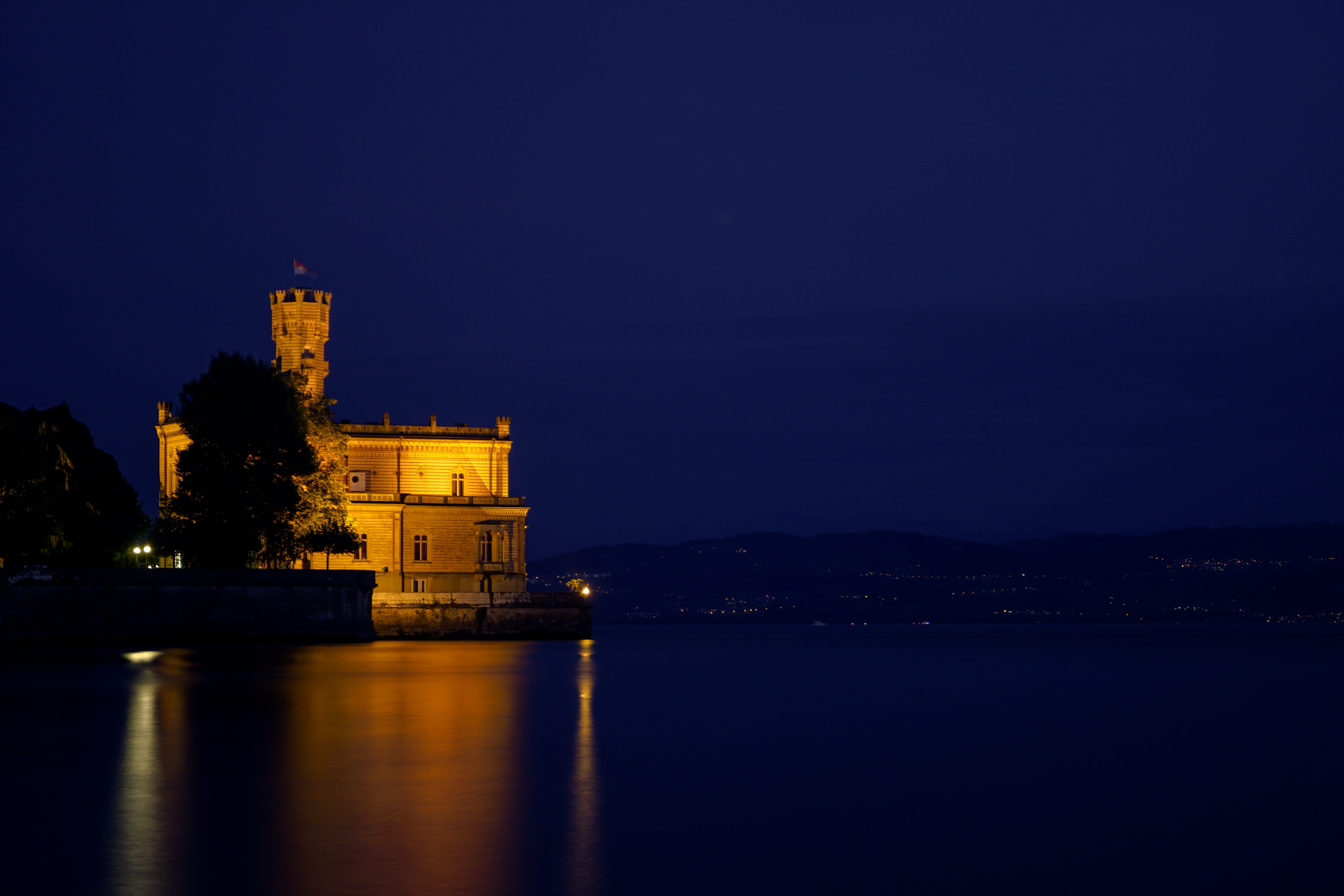 no people, architecture, history, 5K, abendstimmung, sky, reflection, tower, water, landscape, illuminated, the past, bank, nature, dusk, city, lake constance, HD Wallpaper