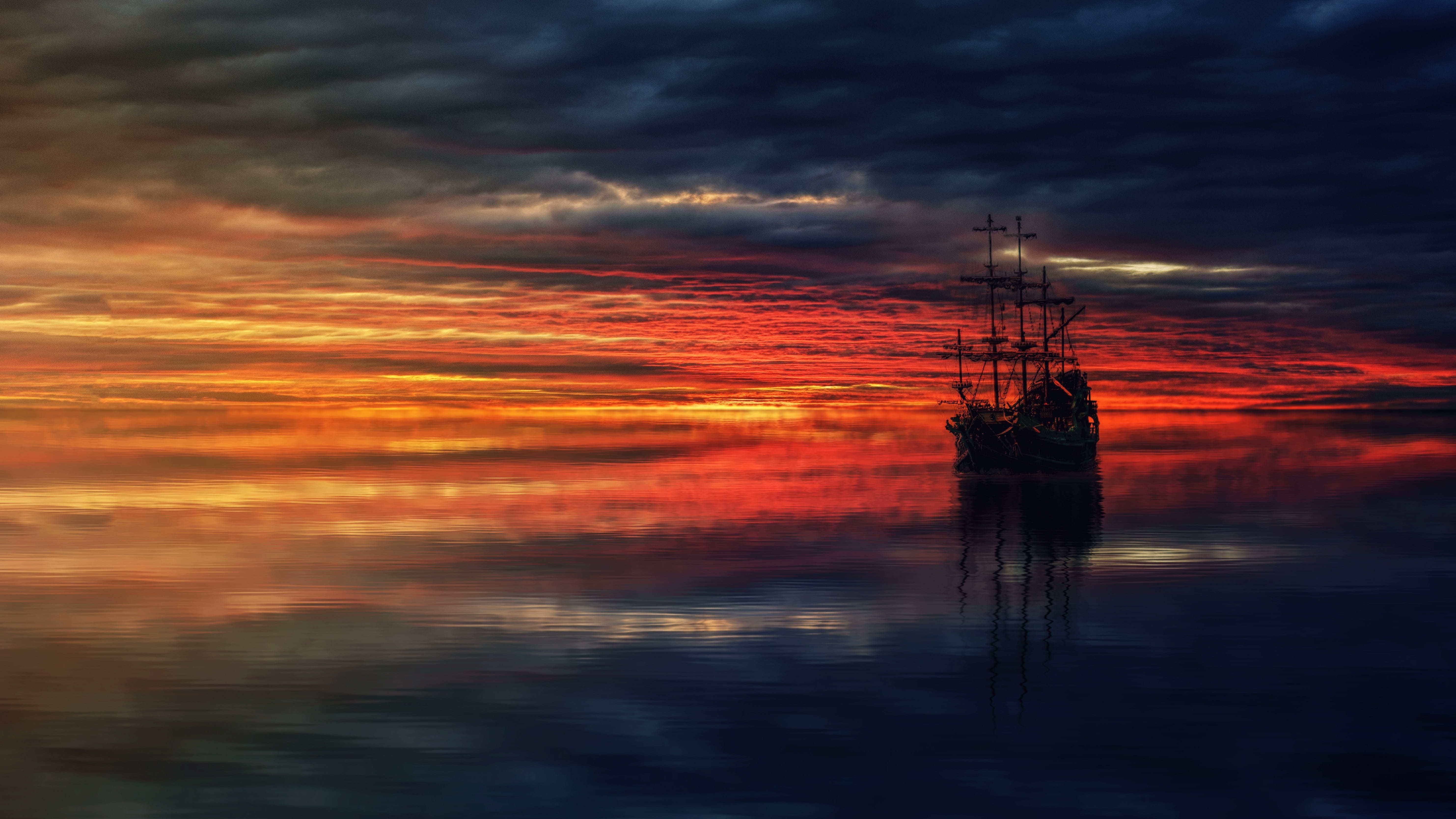 pirates, silhouette, reflection, waters, sea, no people, golden light, panorama, quiet, tranquility, landscape, 5K, dramatic sky, waterfront, water, outdoors, HD Wallpaper