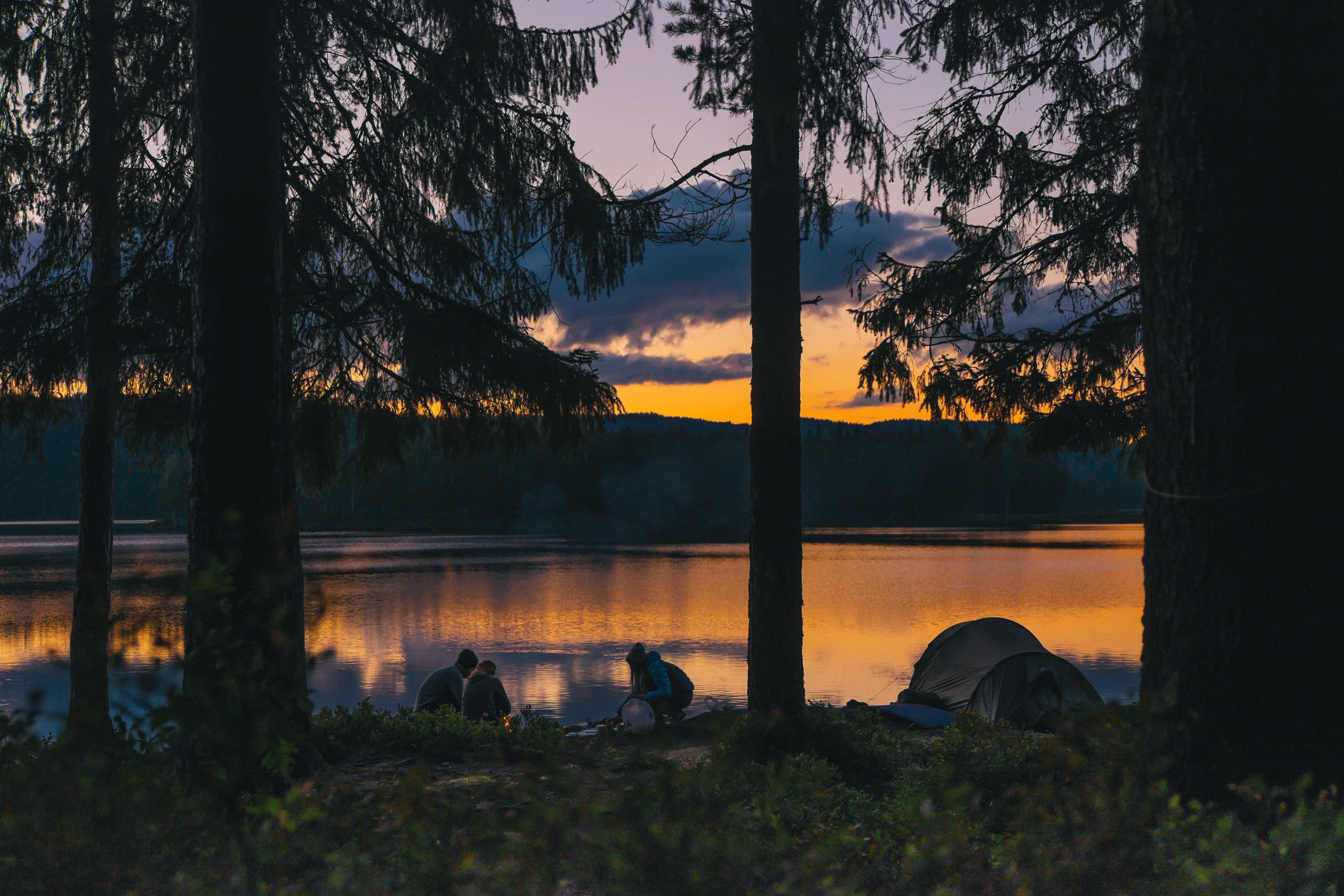 hike, sky, nature, lakeside, outdoor, tent, leisure, land, quiet, water, sunset, non-urban scene, trees, vacation, campsite, travel, camping, beauty in nature, HD Wallpaper