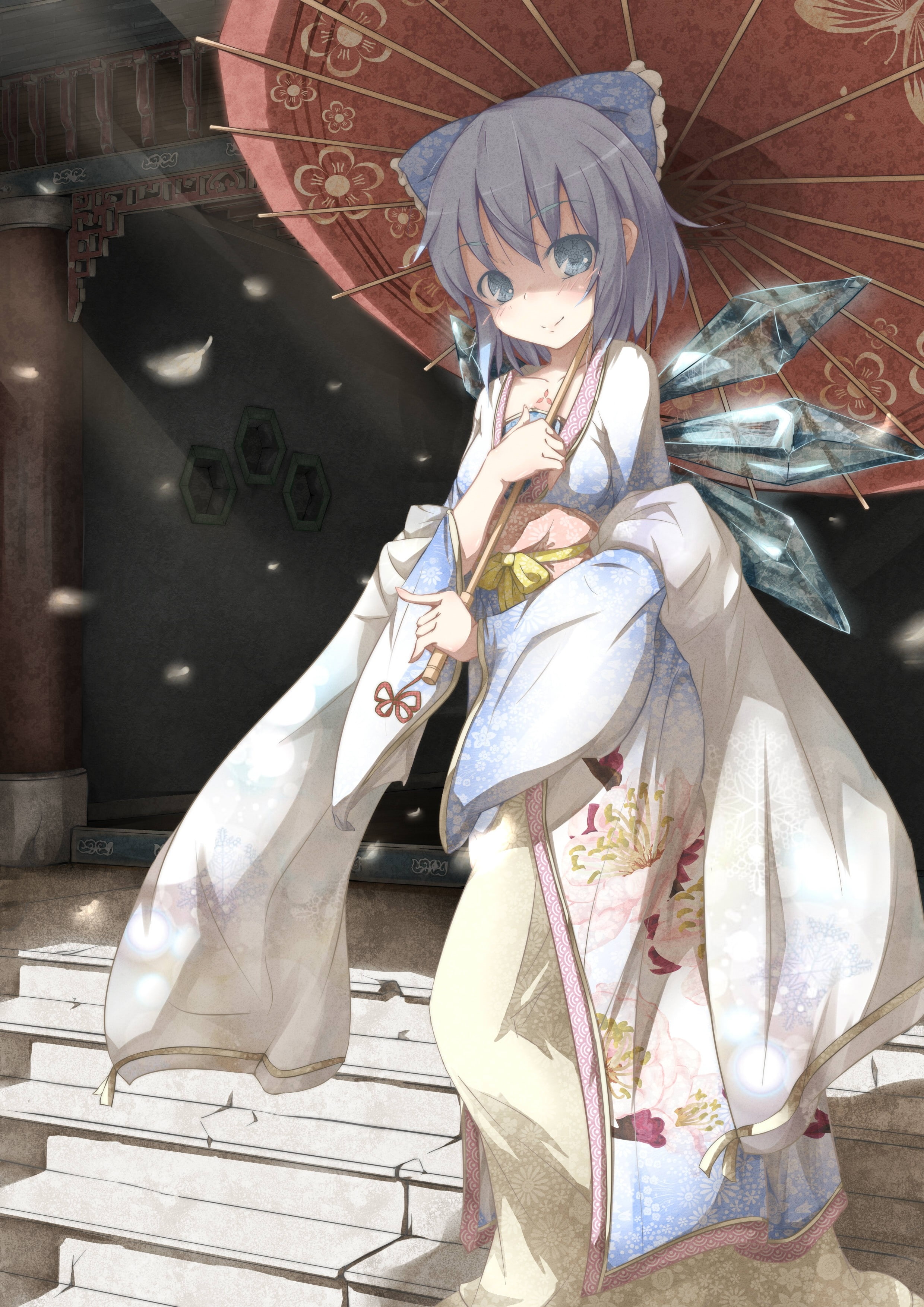 stairways, fairies, hair, 2K, tradi, games, wings, video, bows, eyes, hd, nature, cirno, Video Games, short, touhou, ice, flowers, blue, art, dress, Phone HD Wallpaper