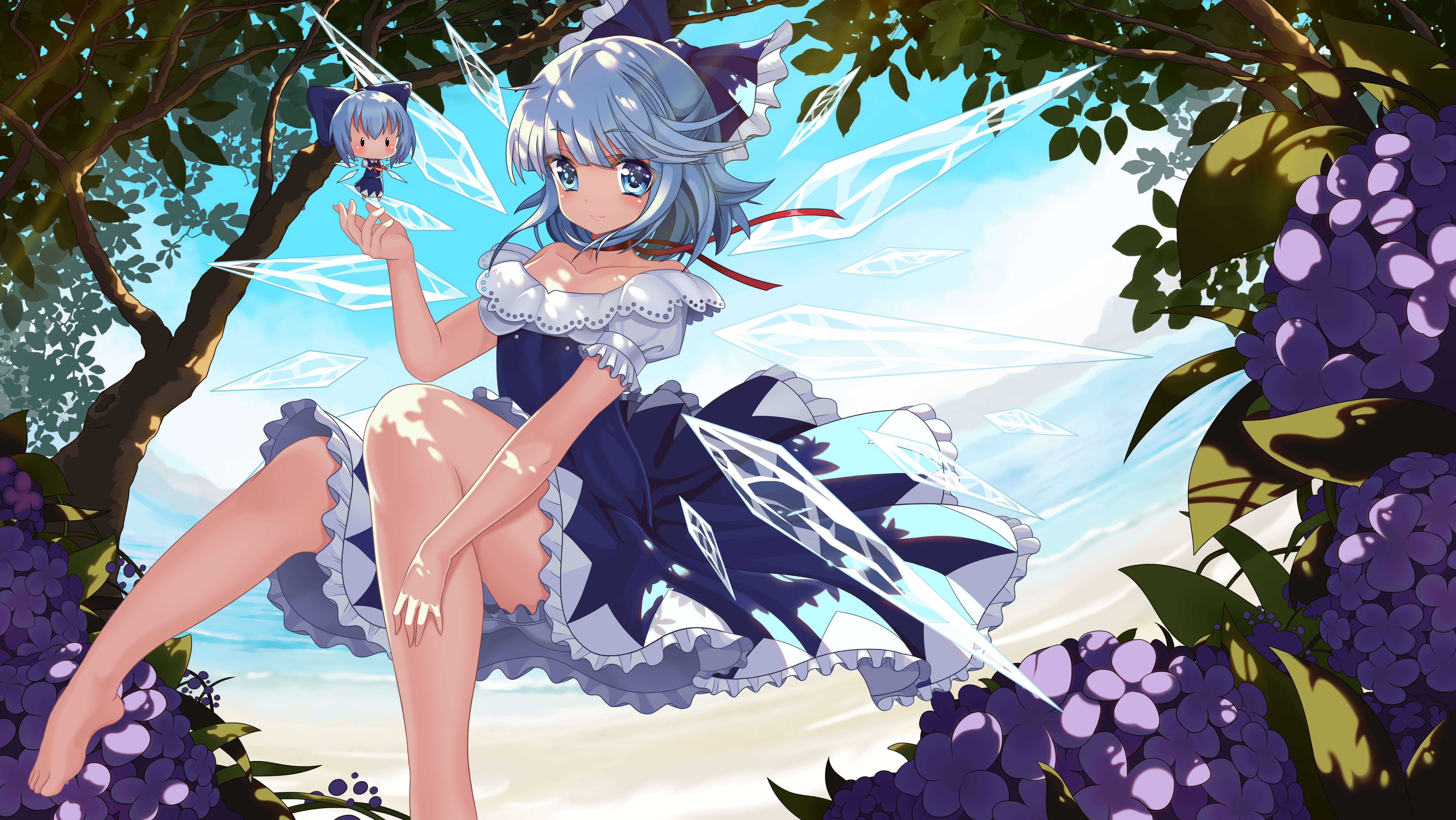 touhou, outdoors, females, Anime, clothing, nature, togetherness, casual clothing, tree, group of people, people, blue hair, lifestyles, cirno, child, fairy, HD Wallpaper