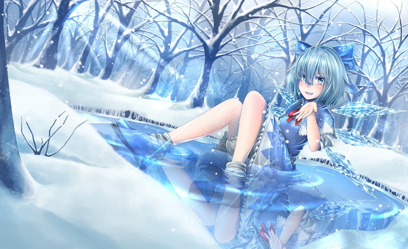 720P, cirno, wings, bow, mochi, bloomers, konachan, touhou, eyes, blue, dress, csn), com, hair, fairy, tree, (chain, socks, reflection, short, 237804, HD Wallpaper