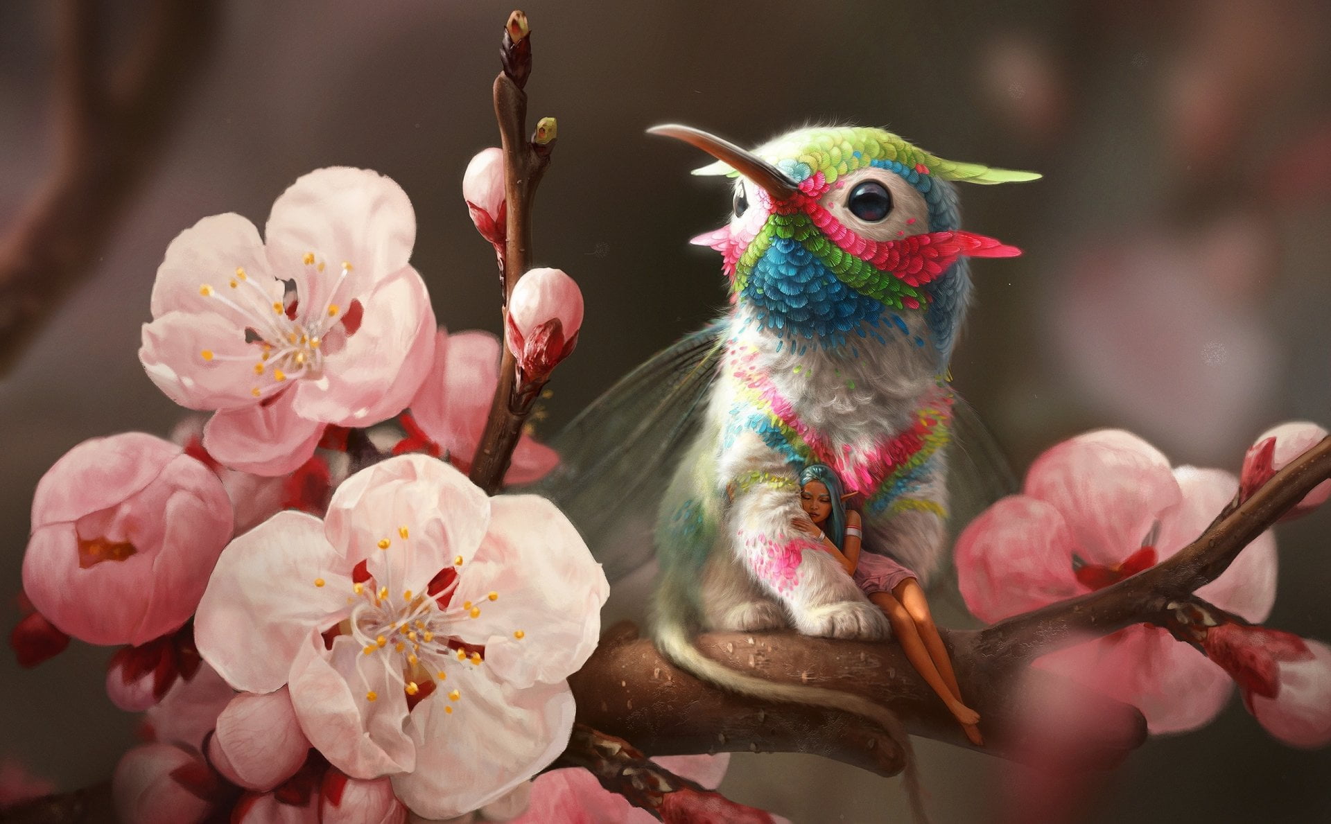 flower, Girl, animals in the wild, pink color, flower head, branch, animal, cherry blossom, beauty in nature, Pointed Ears, Fairy, Blue Hair, bird, plant, HD Wallpaper