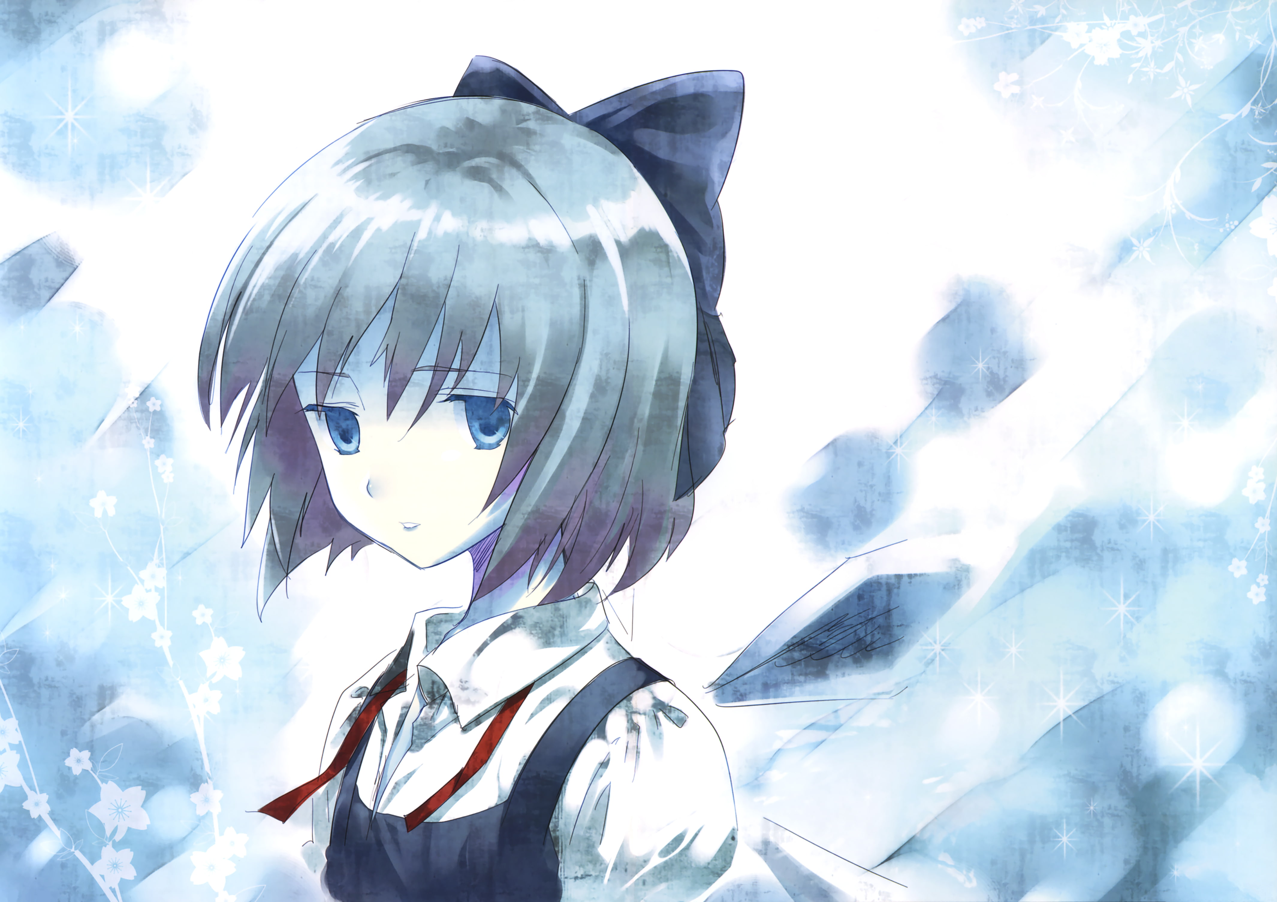 eyes, touhou, wings, fairy, 4K, blue, dress, hair, bow, short, cirno, HD Wallpaper
