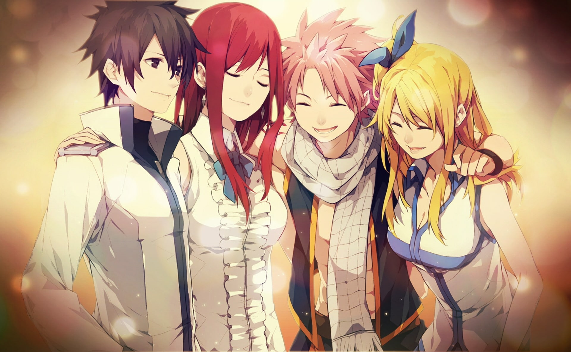 fairy, short, tail, blondes, anime, 1080P, smiling, erza, hair, long, eyes, hd, redheads, scarlet, blue, pink, black, art, HD Wallpaper