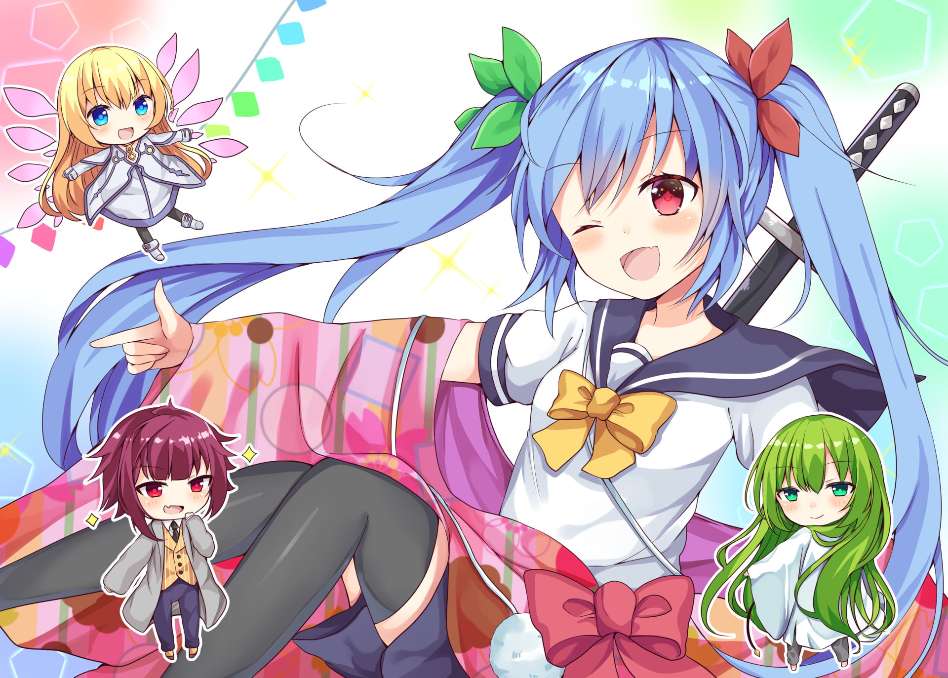 Thigh Highs, Red Eyes, Twintails, Schoolgirl, Blue Hair, Anime, School Uniform, Green Hair, Ribbon, Blonde, 1080P, Green Eyes, Fairy, Blue Eyes, Original, HD Wallpaper