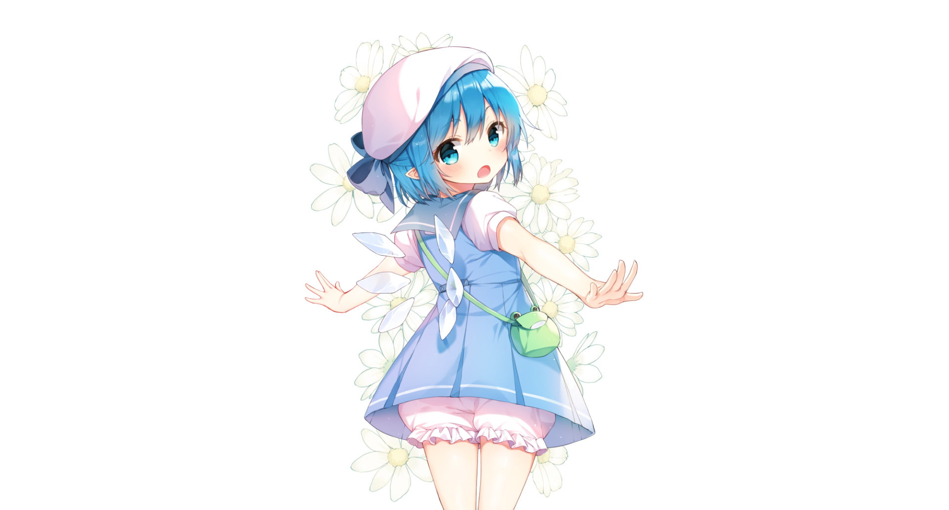 Short Hair, White, Cirno (Touhou), Hat, Blush, 1080P, Flower, Pointed Ears, Blue Hair, bow (Clothing), School Uniform, Touhou, Wings, Anime, Blue Eyes, HD Wallpaper