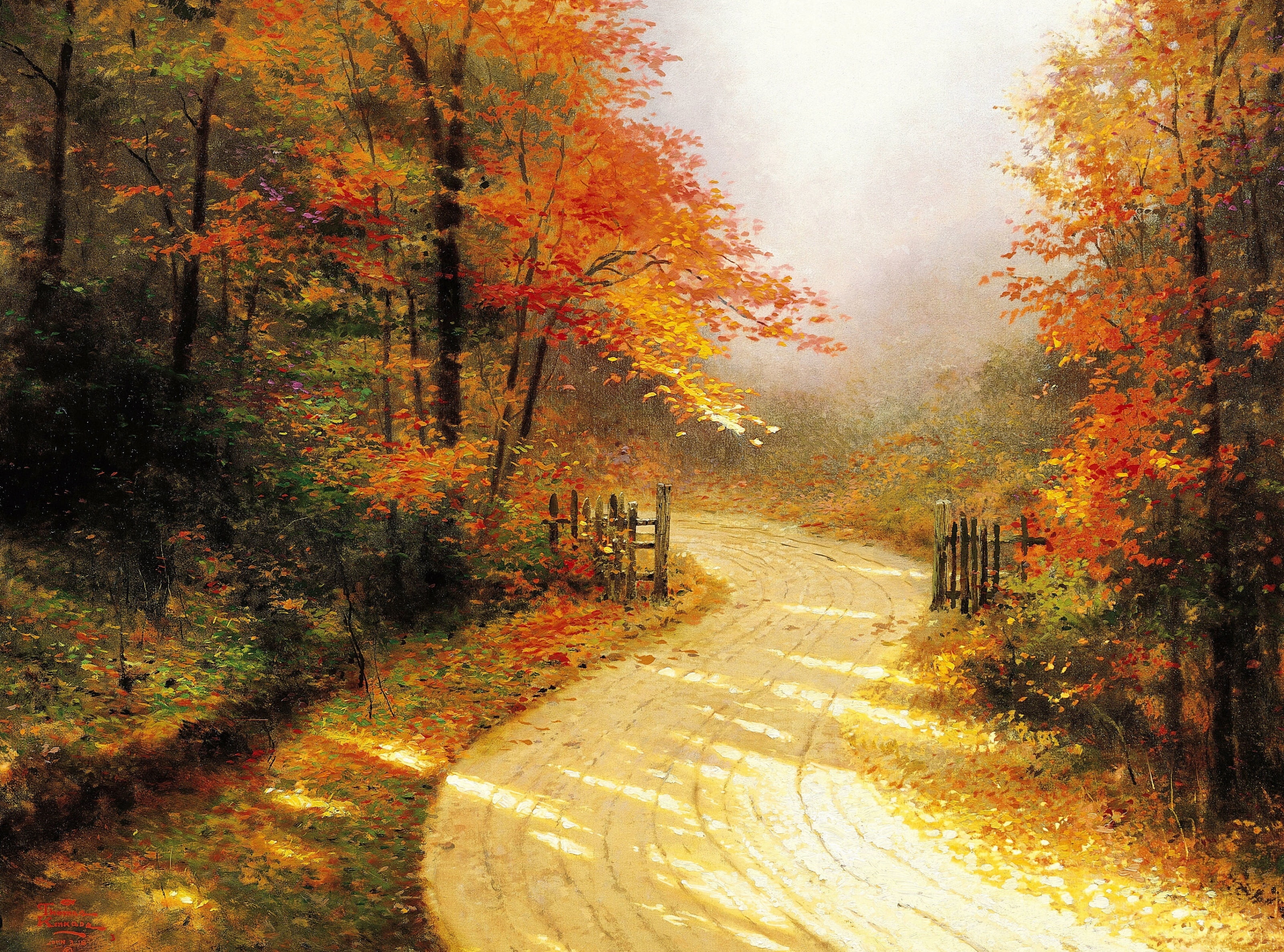 fall, forest, road, day, tranquil scene, plant, orange color, outdoors, idyllic, the way forward, Seasons, change, Lane, thomas kinkade, direction, nature, HD Wallpaper