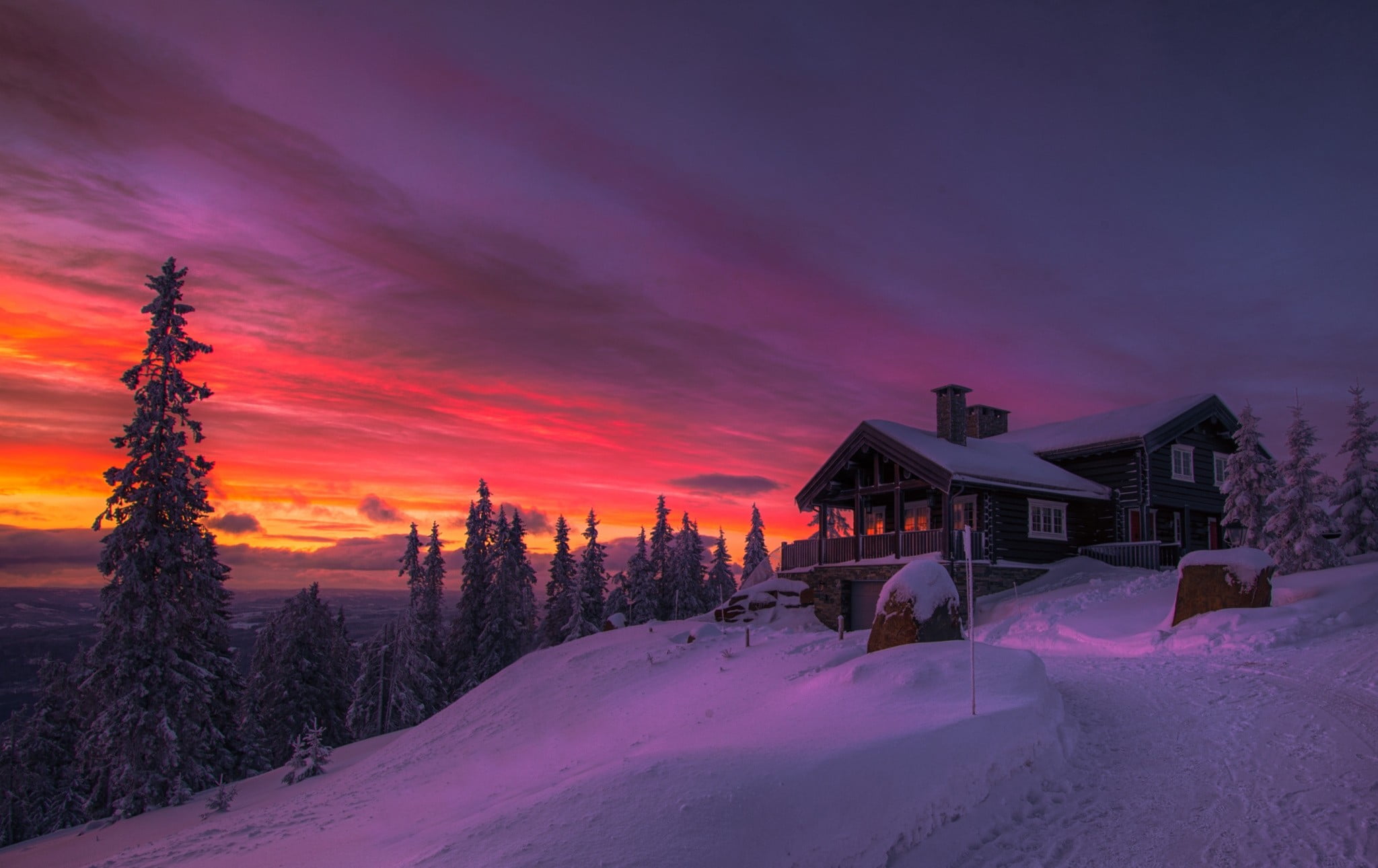 outdoors, architecture, house, cold, sunset, building exterior, winter, nature, building, cold temperature, beauty in nature, no people, sky, clouds, tranquil scene, HD Wallpaper
