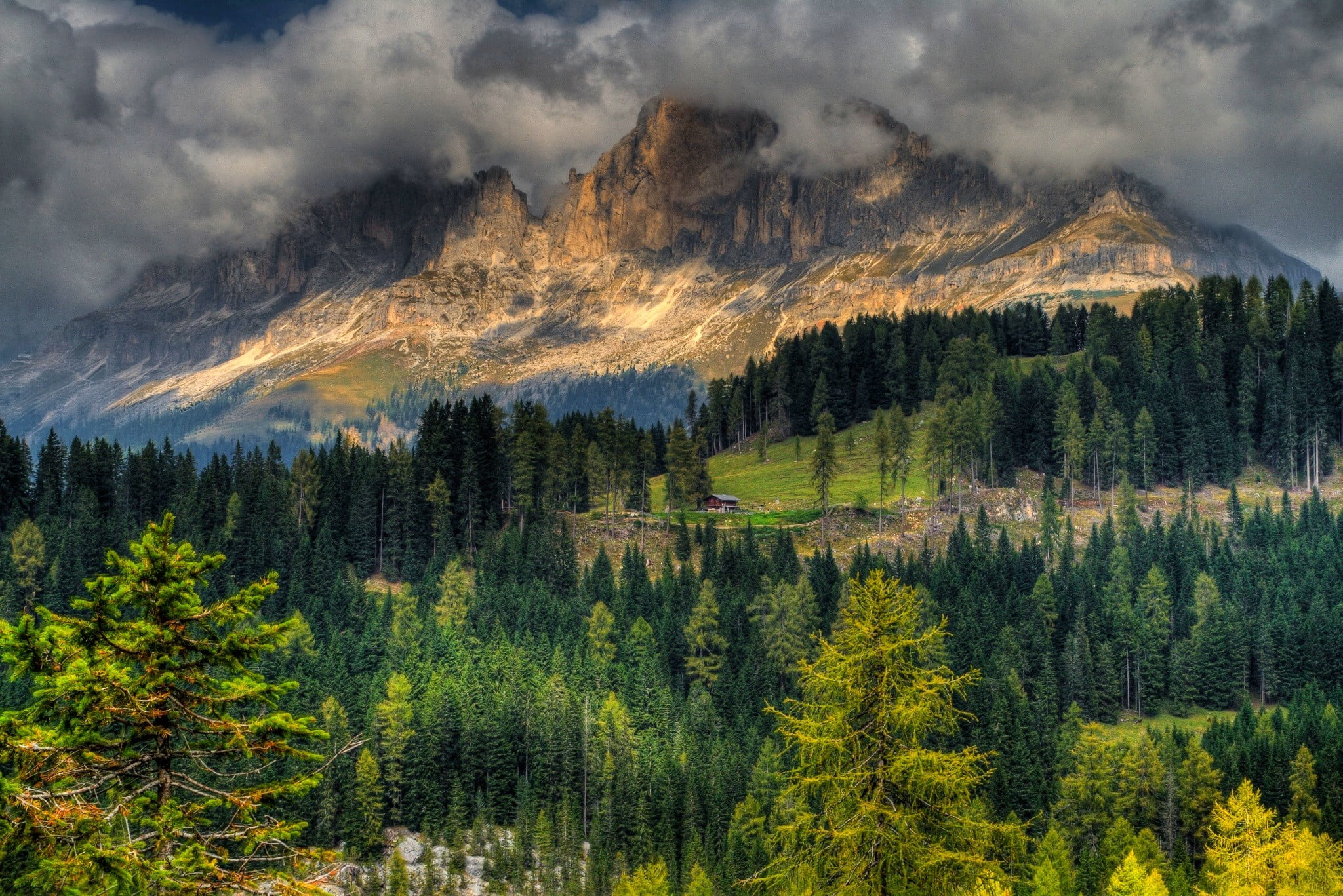 formation, cloud - sky, 1080P, summer, plant, trees, nature, HDR, environment, beauty in nature, sky, tree, scenics - nature, cottage, evergreen tree, HD Wallpaper