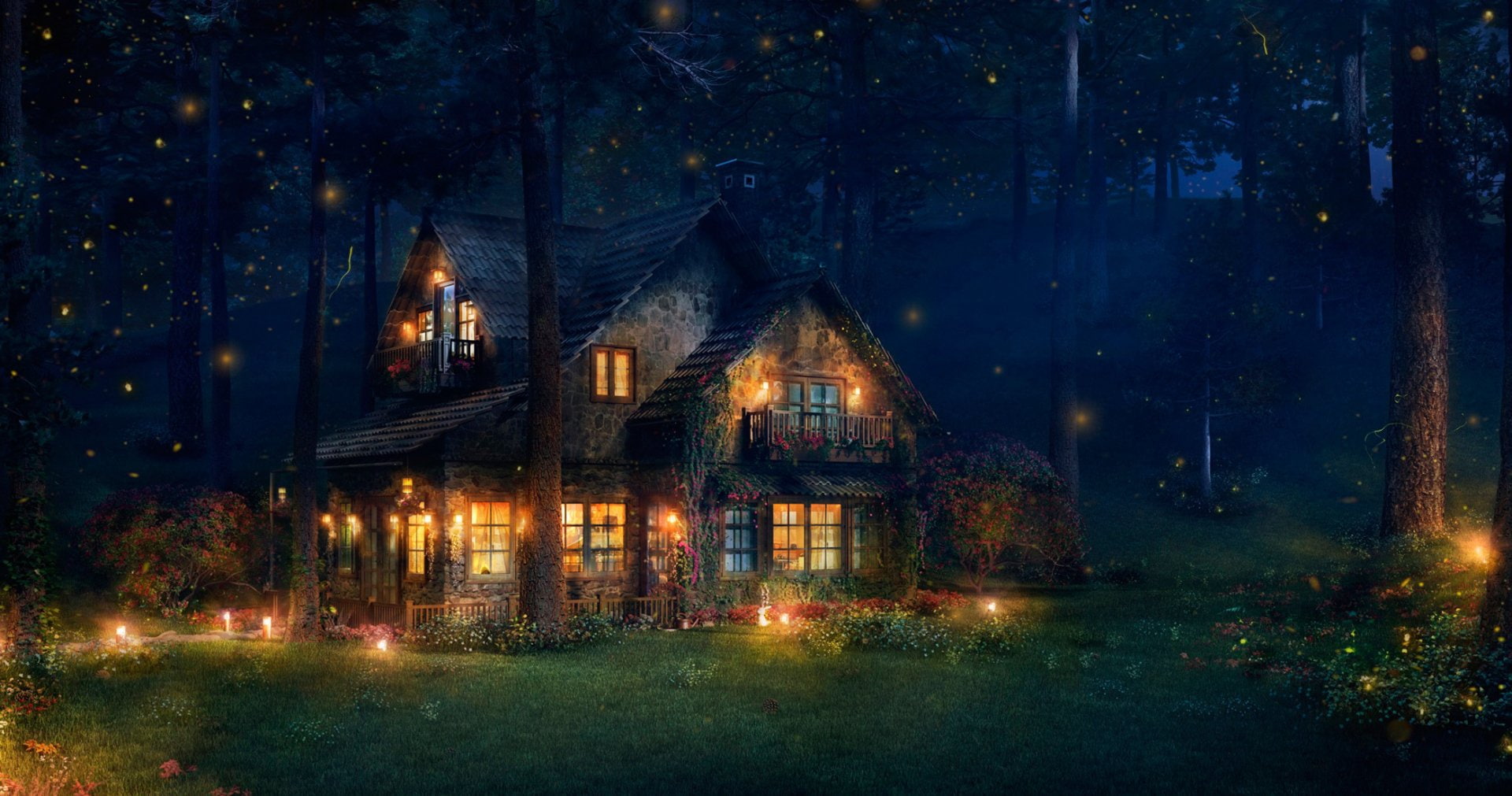 Firefly, Tree, Forest, Artistic, 1080P, Cottage, Fantasy, Night, House, HD Wallpaper