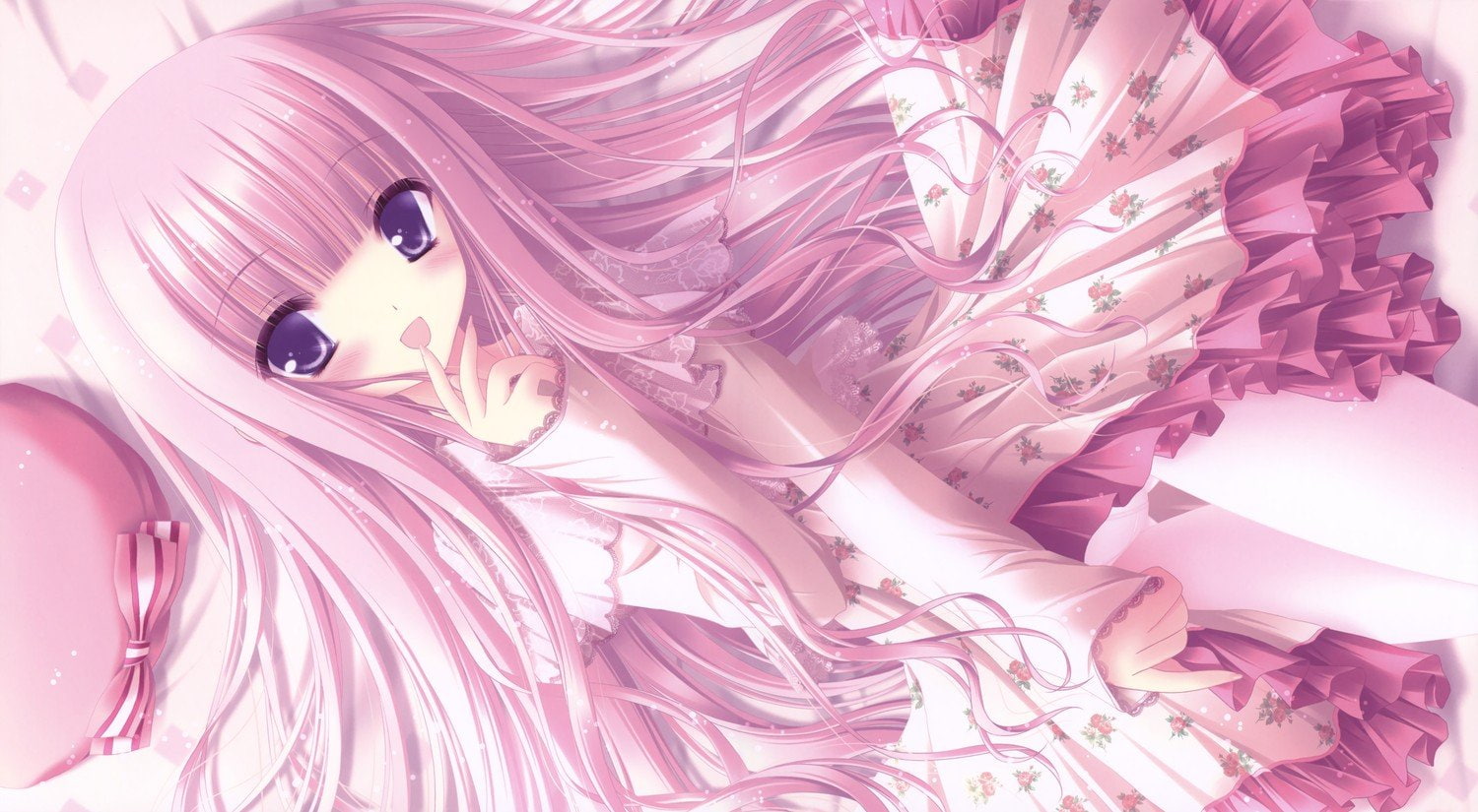 Anime Girls, girls, pink hair, px, 1500x825 px, hd, x, pink, moons, space, 720P, art, hair, anime, HD Wallpaper