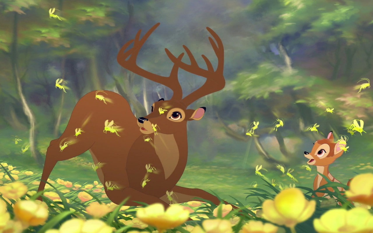 Disney, movies, animated movies, Bambi, deer, 720P, yellow flowers, HD Wallpaper
