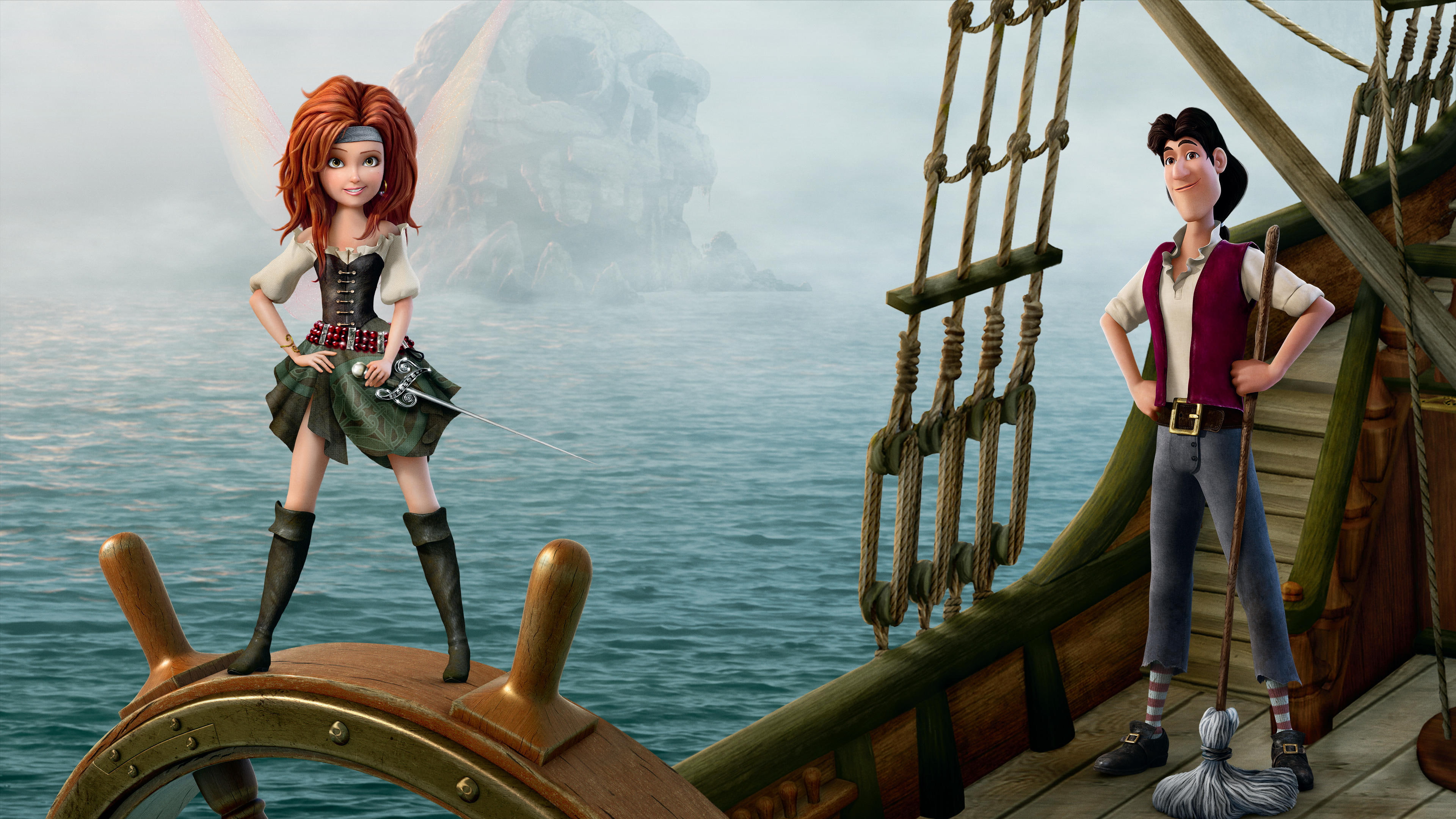 the wheel, nature, ship, Fairies, Captain Hook, sea, water, transportation, casual clothing, women, two people, young women, saber, sky, The pirate fairy, HD Wallpaper