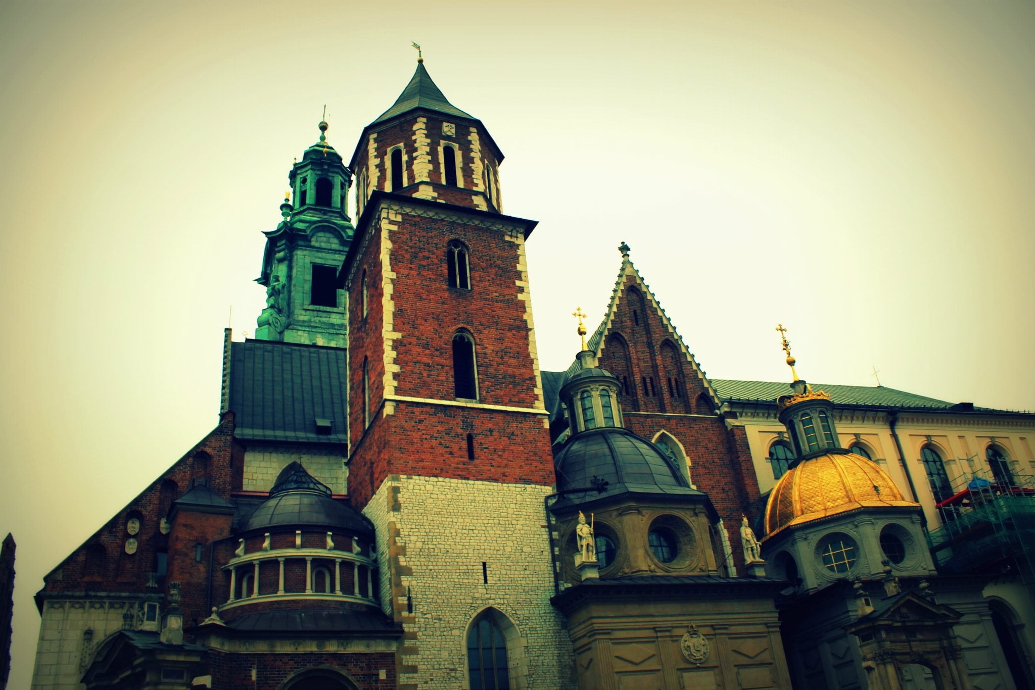 cross, spirituality, catholic, clock, 1080P, poland, spire, bridge, day, sky, krakow, religious, famous, tower, old-town, paulinite, low angle view, no people, HD Wallpaper