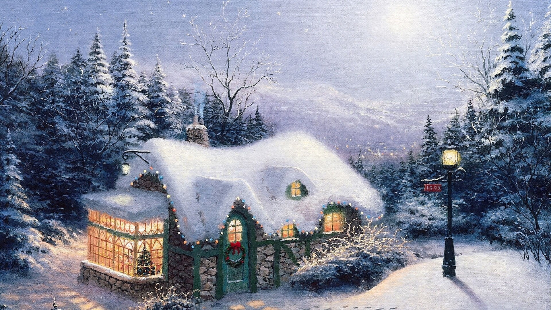 lodge, christmas, tree, lights, fairy, year, forest, trees, new, silent, night, snow, picture, landscapes, 1080P, lantern, painting, HD Wallpaper