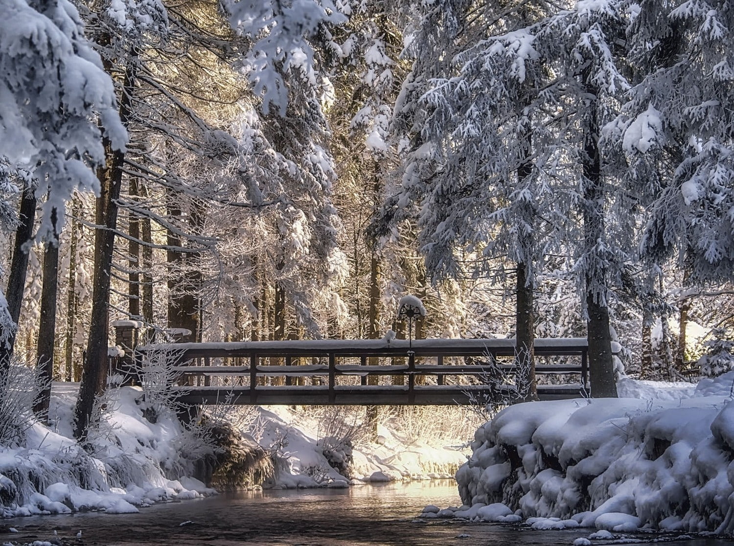 trees, 720P, photography, Austria, river, snow, landscape, bridge, sunlight, nature, cold, winter, HD Wallpaper