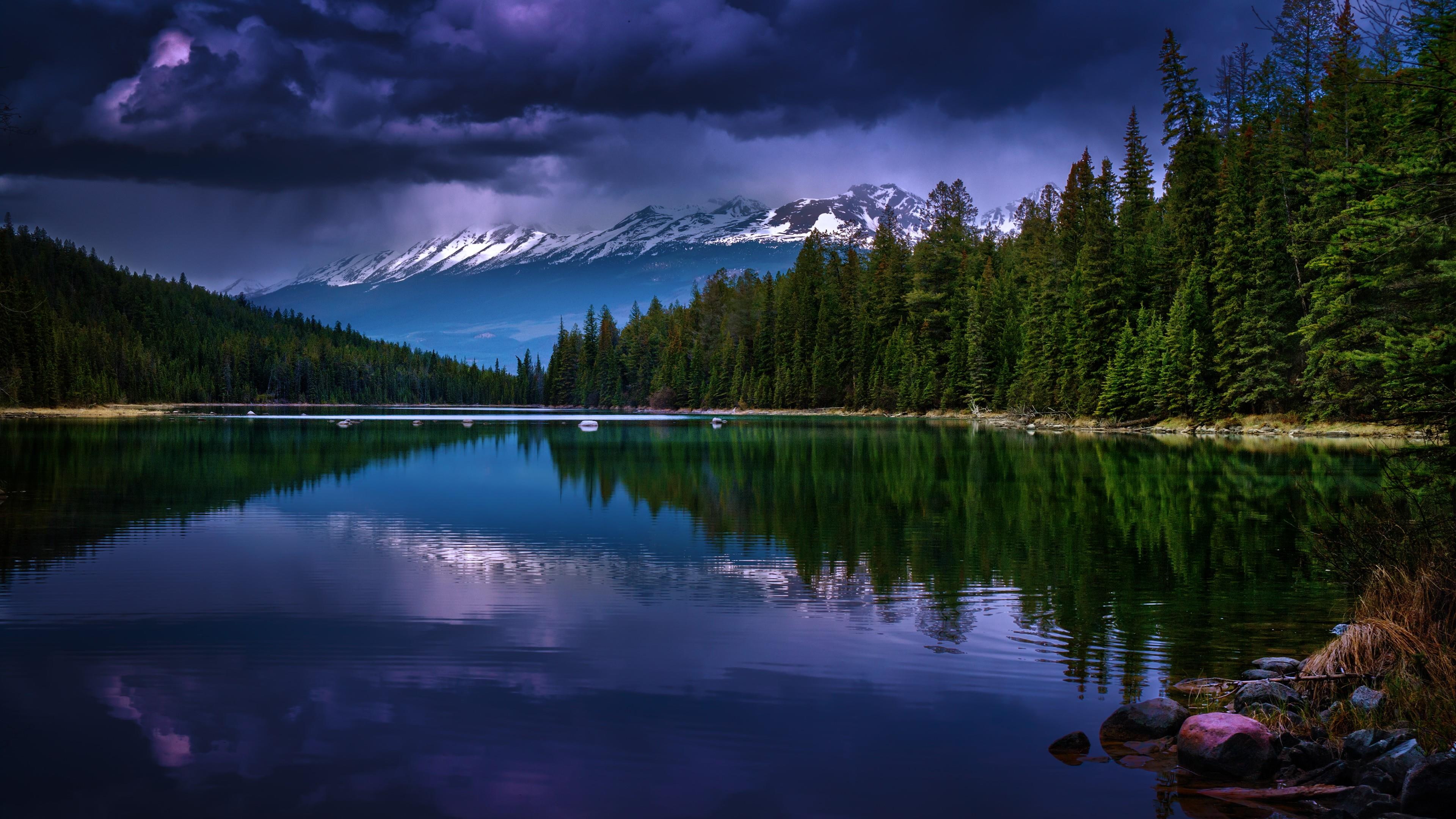 mountains, reflected, mount scenery, canada, pine forest, sky, wilderness, landscape, forest, clouds, spruce, cloudy, nature, 4K, pine, reflect, water, HD Wallpaper