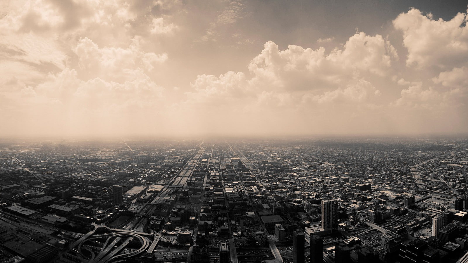 sky, sepia, travel destinations, cloud - sky, pollution, Chicago, modern, building, high angle view, 720P, city life, city, built structure, aerial view, HD Wallpaper