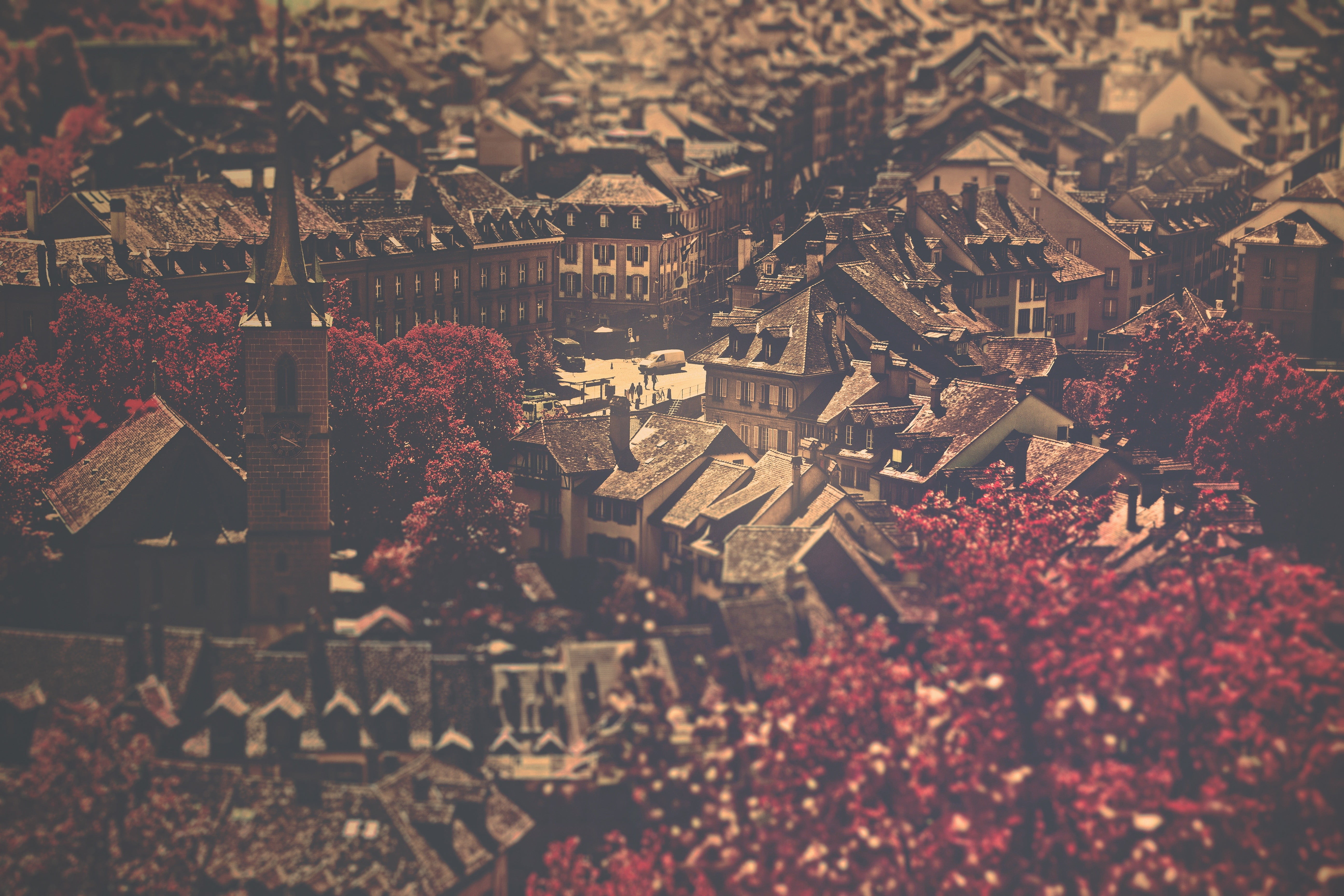 architecture, sepia, cityscape, no people, nature, buildings, outdoors, high angle view, 5K, food and drink, building exterior, brown, building, selective focus, HD Wallpaper