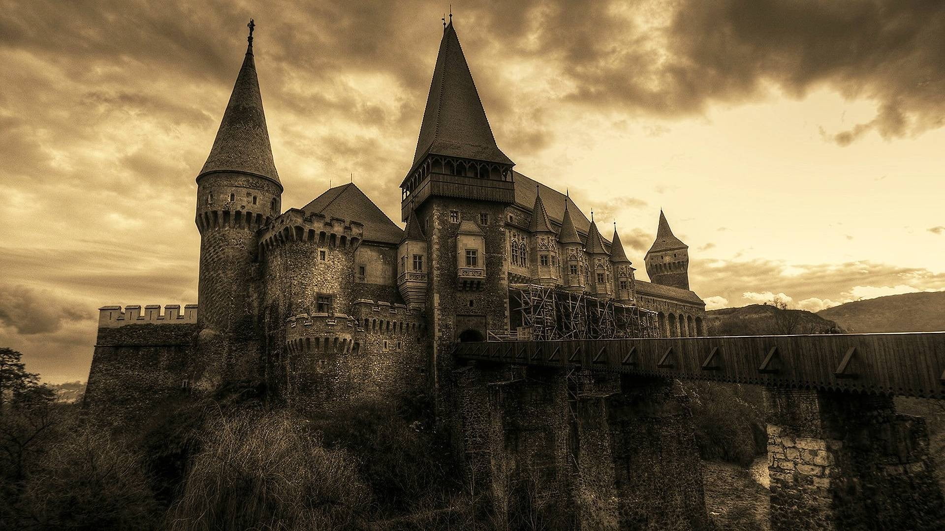 tower, history, belief, building exterior, nature, low angle view, gray, building, built structure, 1080P, religion, the past, mountain, castle, spire, HD Wallpaper