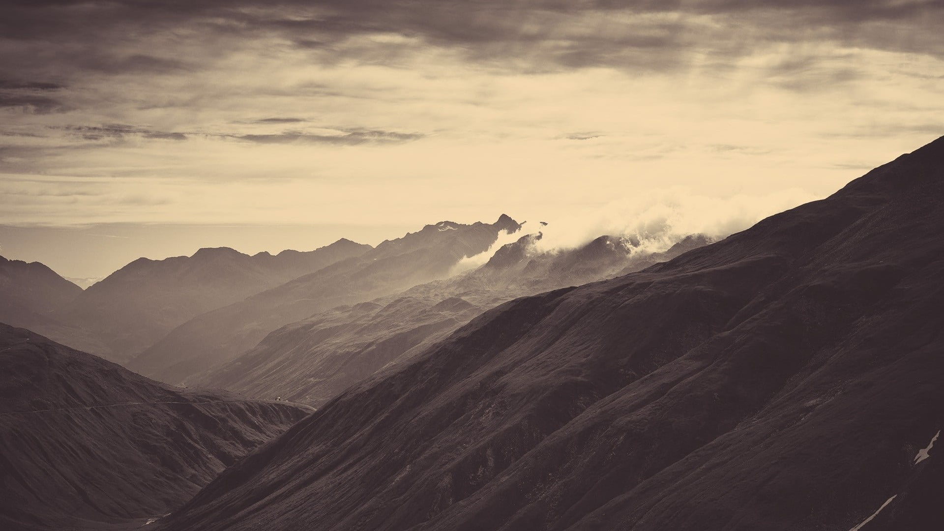 dramatic landscape, 1080P, summer, environment, no People, high Up, himalayas, majestic, sunrise - Dawn, snow, sunset, tranquility, scenics - nature, fog, HD Wallpaper