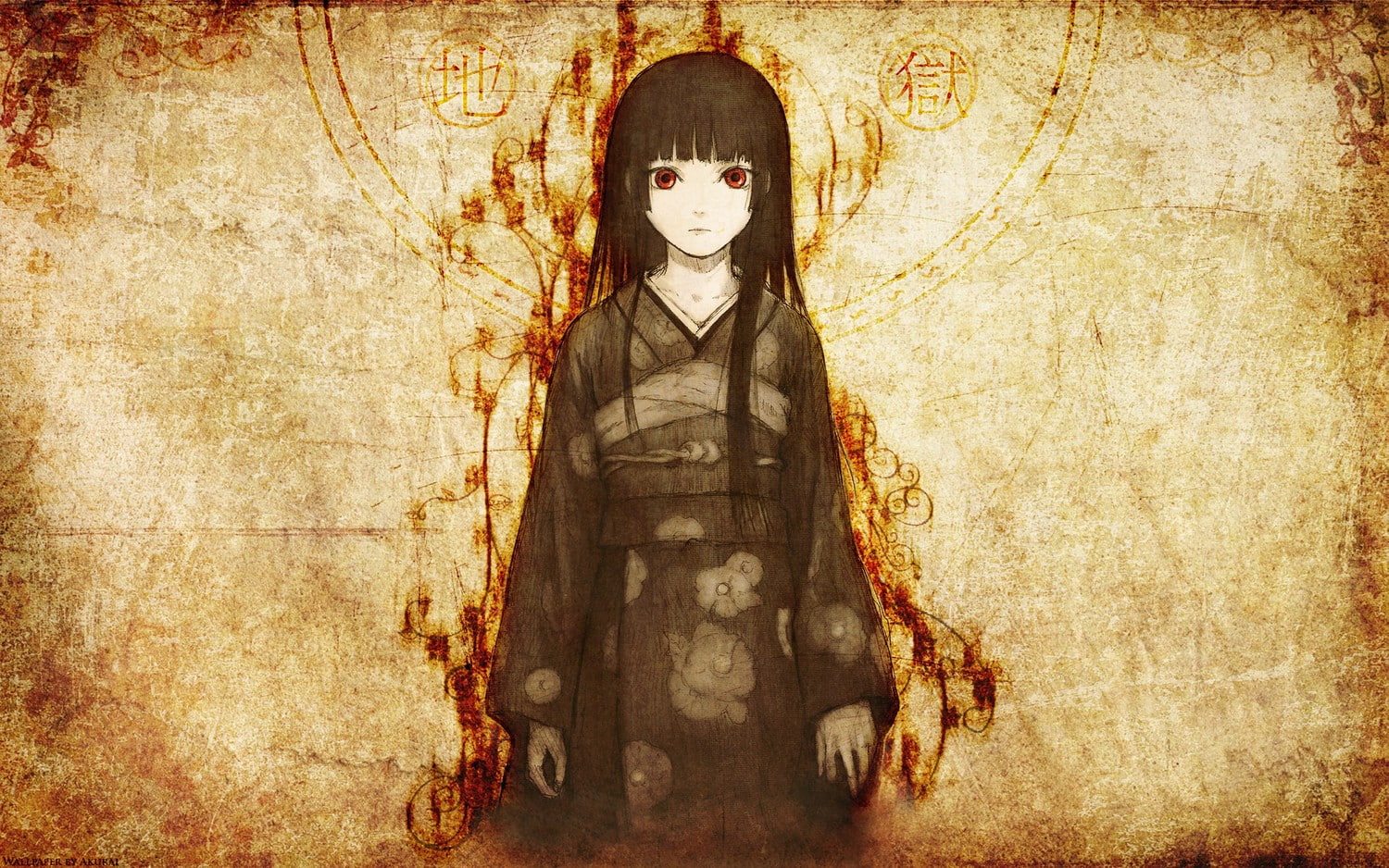 red eyes, sepia, orange, anime girls, manga, flowers, Enma Ai, 720P, kimono, Jigoku Shoujo, drawing, HD Wallpaper