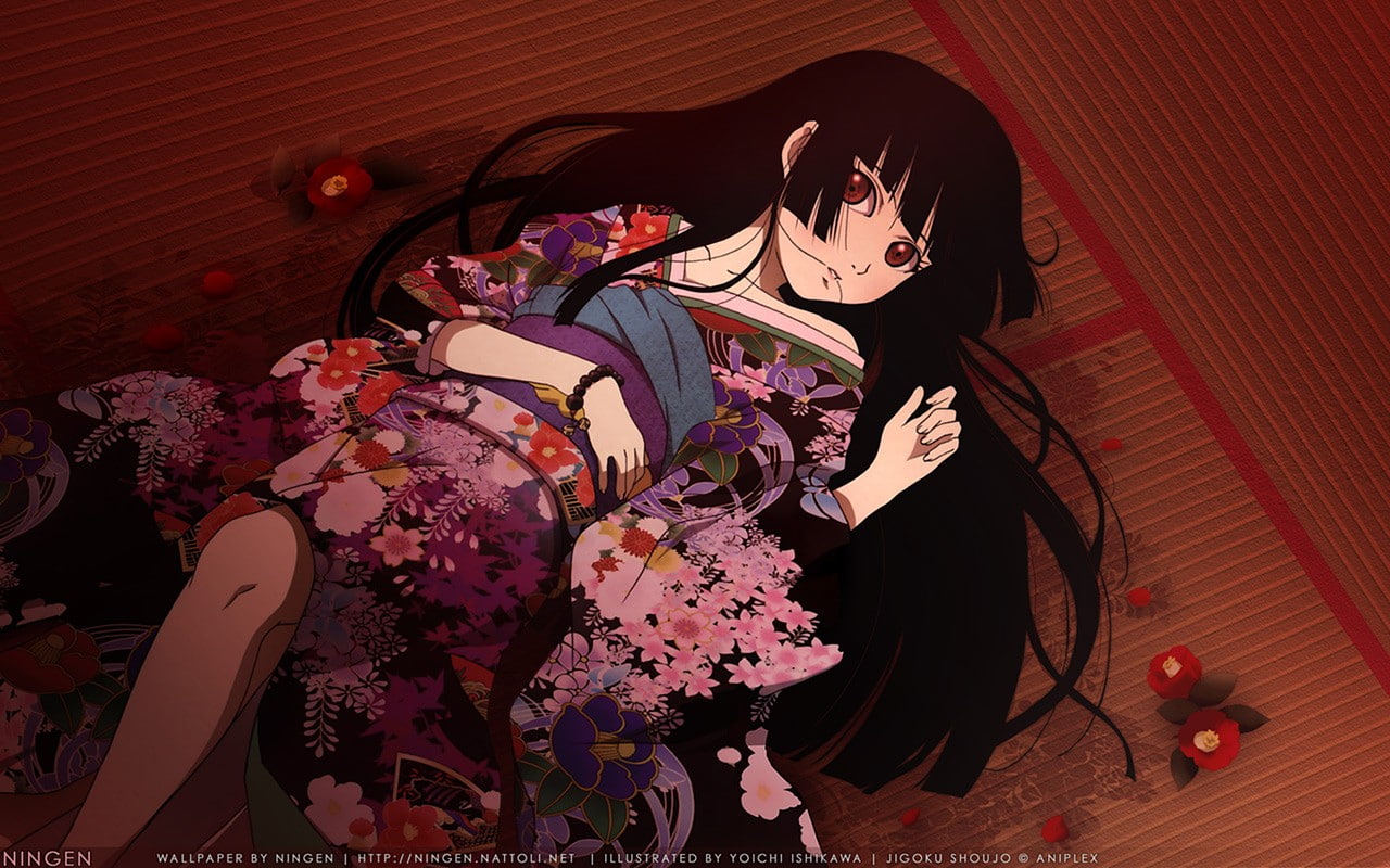 flowers, Enma Ai, real people, adult, sitting, red eyes, kimono, high angle view, floral pattern, lifestyles, long hair, nature, indoors, young adult, furniture, HD Wallpaper