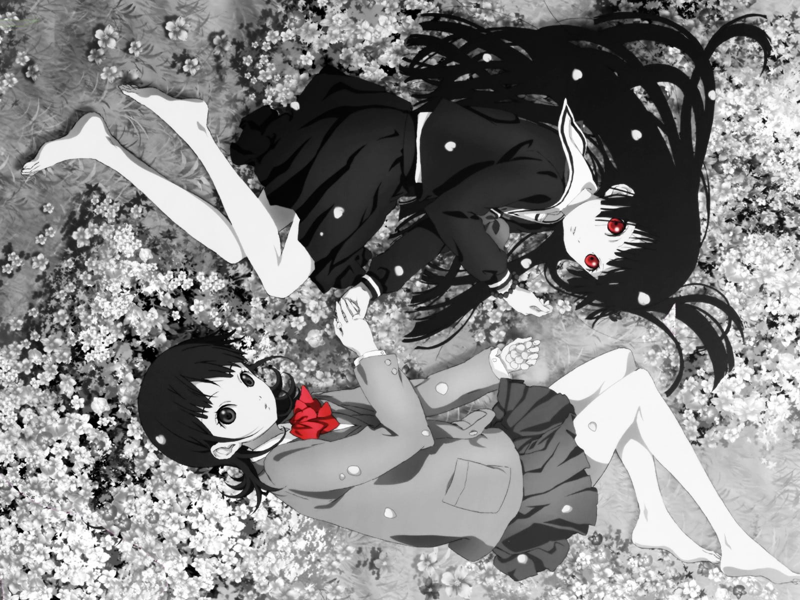 720P, lifestyles, young adult, day, land, Enma Ai, lying down, high angle view, females, Jigoku Shoujo, anime girls, outdoors, child, one person, flower, HD Wallpaper