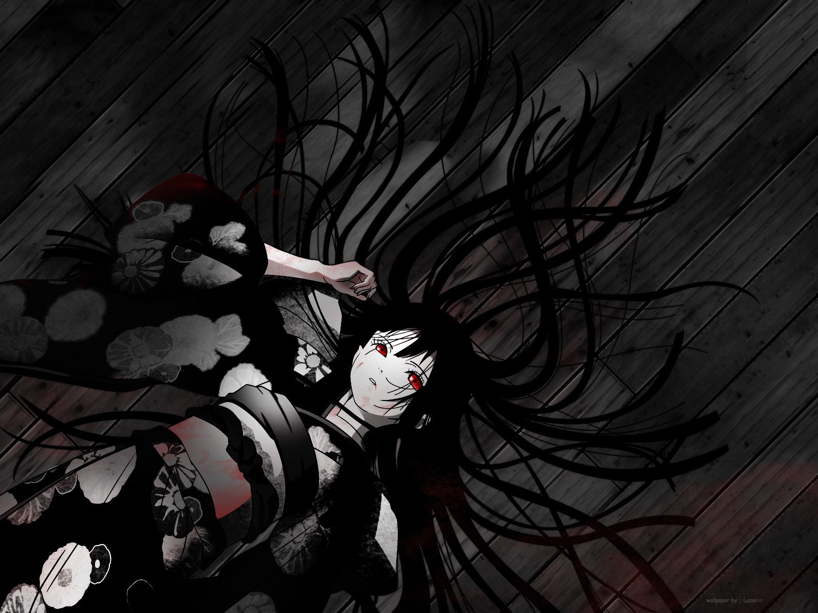 Enma Ai, red eyes, anime girls, Jigoku Shoujo, flowers, kimono, long hair, lying down, 720P, anime, HD Wallpaper