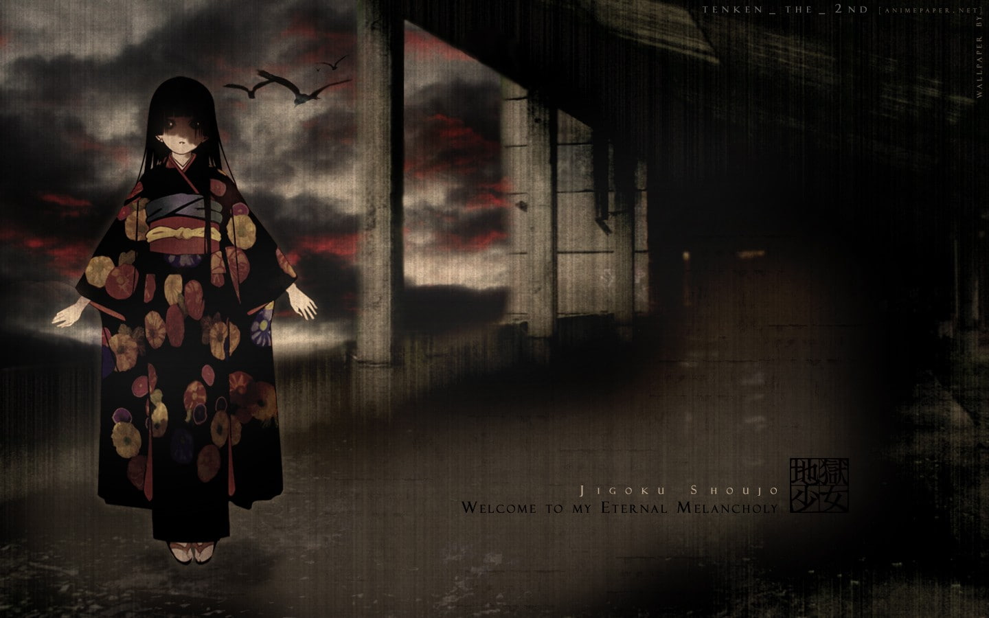 kimono, rain, 720P, dark eyes, Jigoku Shoujo, Enma Ai, crow, anime girls, anime, HD Wallpaper