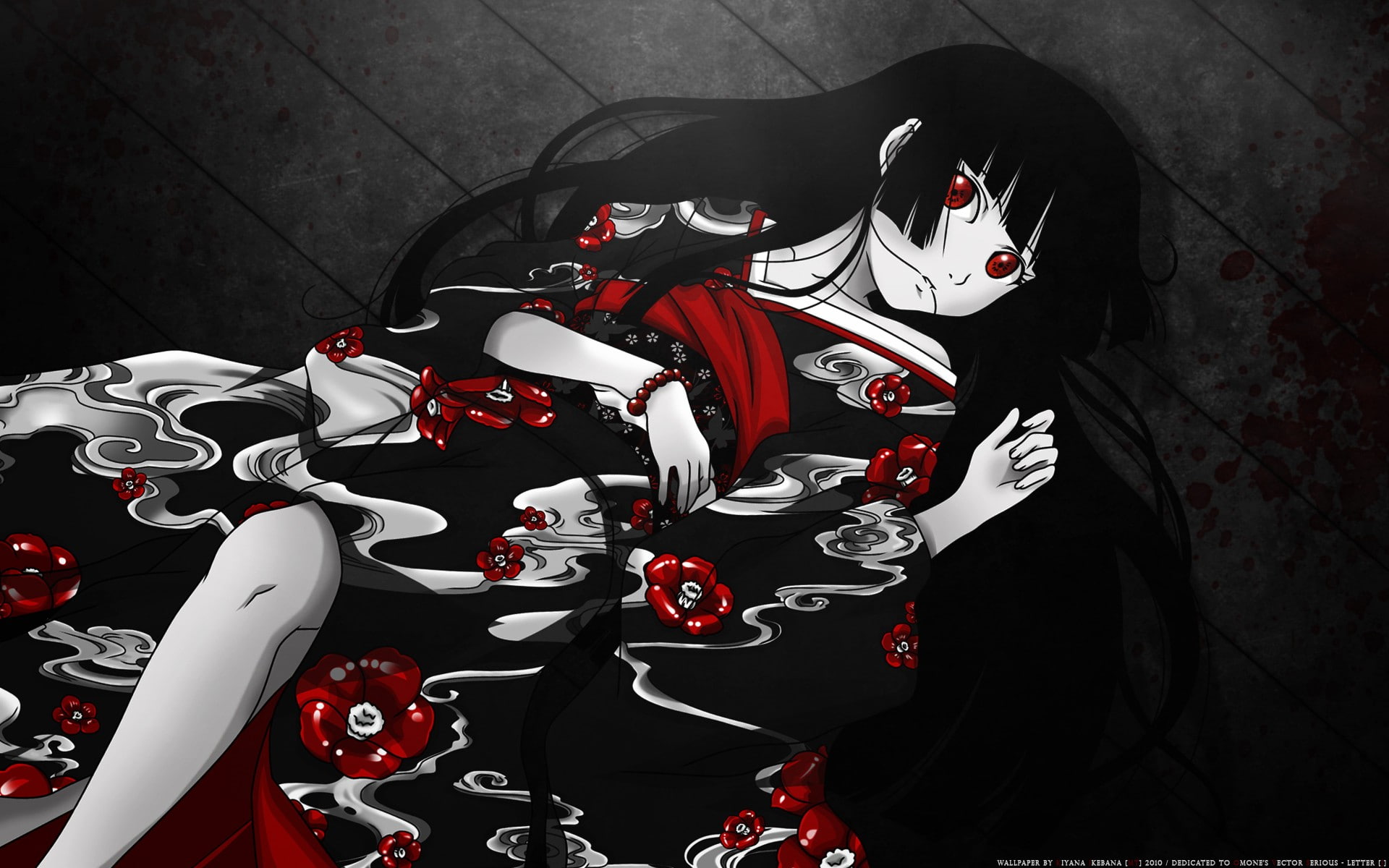 kimono, 1080P, flowers, lying down, red eyes, blood, Enma Ai, long hair, anime girls, Jigoku Shoujo, HD Wallpaper