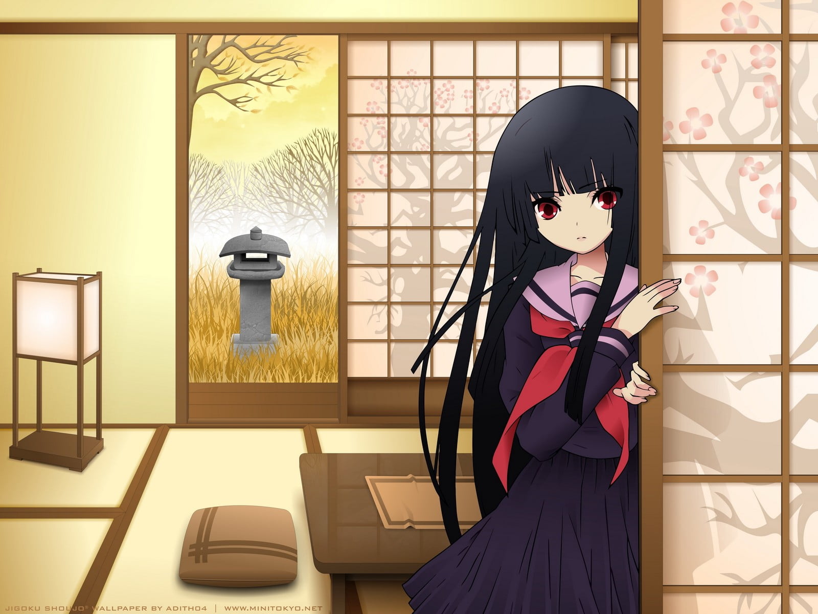 front view, Jigoku Shoujo, window, wall - building feature, anime girls, clothing, creativity, representation, women, young women, young adult, art and craft, HD Wallpaper
